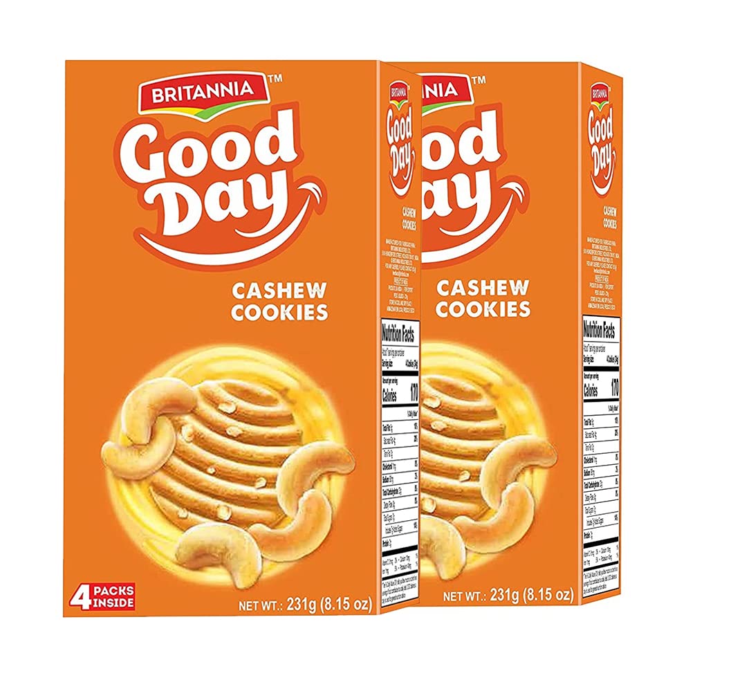 BRITANNIA Good Day Cashew Cookies 8.15oz (231g) - Crunchy Butter Cashew Biscuits - Family Pack of 2 - Perfect for Breakfast, Tea Time & Office Snacks - Delicious Grocery Cookies for Kids & Adults