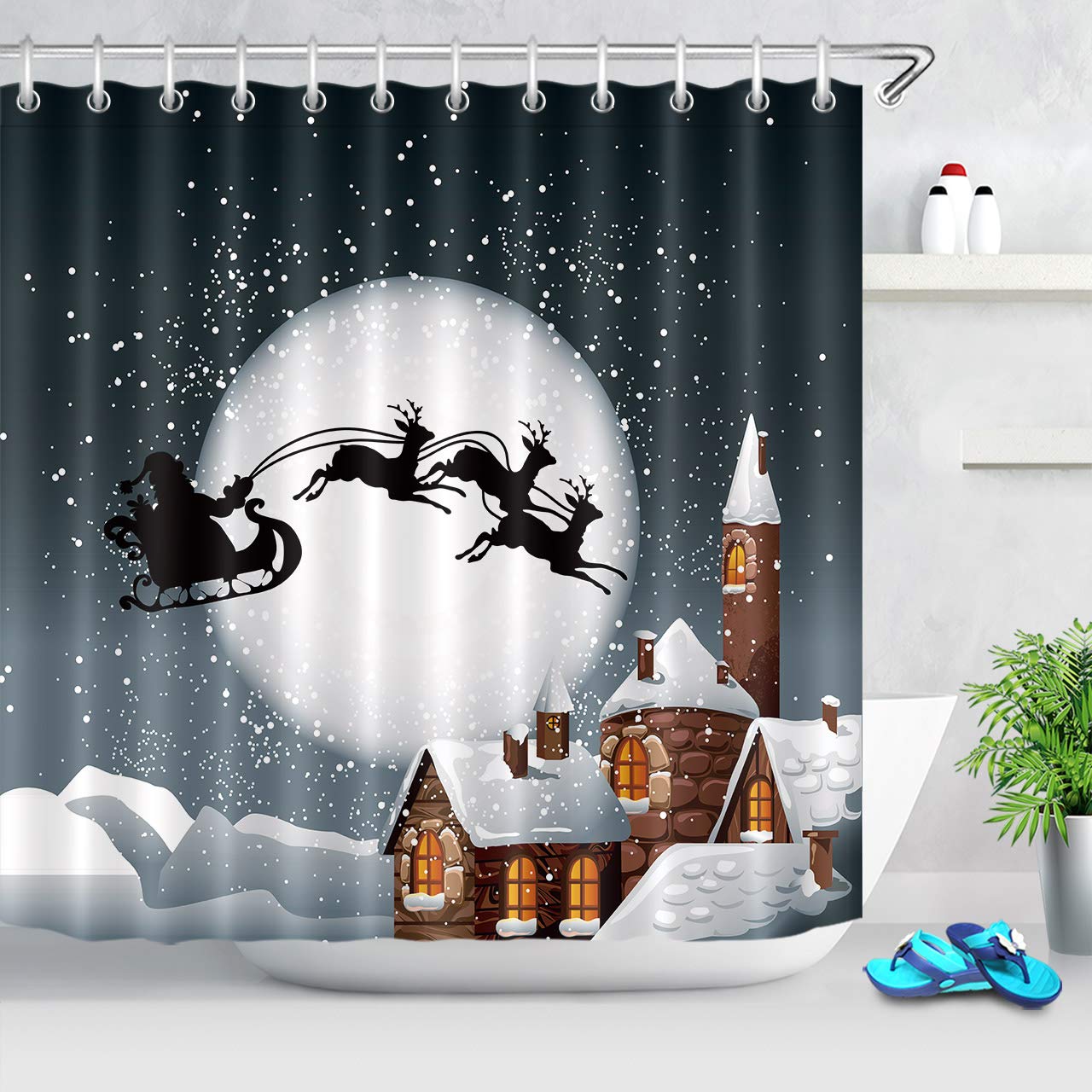 Christmas Santa Claus Sleigh Chimney Shower Curtain - 72x78 Inch Extra Long Waterproof Polyester Fabric Bathroom Decor with Hooks | Holiday Bathroom Decorations, Festive Home Decor for Xmas & New Year