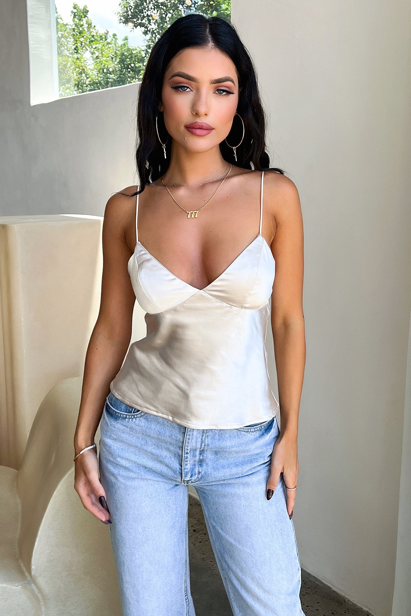 Holly Cami Singlet in Champagne - Women's Lace Camisole Top for Layering, Sleepwear & Casual Wear