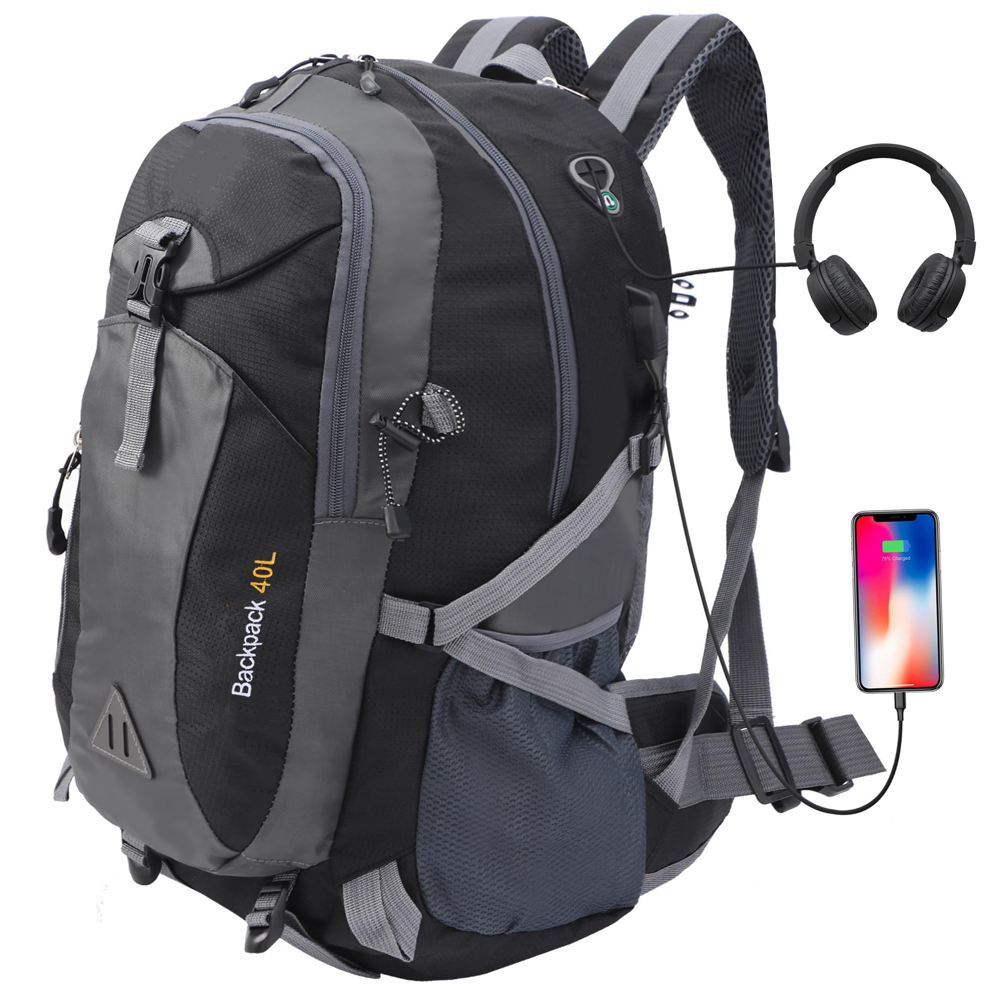 Lightweight 40L Hiking Backpack for Men & Women - Waterproof Travel Backpack for Outdoor Sports, Camping, Trekking & Mountaineering - Durable Daypack for Adventure Travel (Black) | Perfect for Hiking Trips, Weekend Getaways & Outdoor Exploration