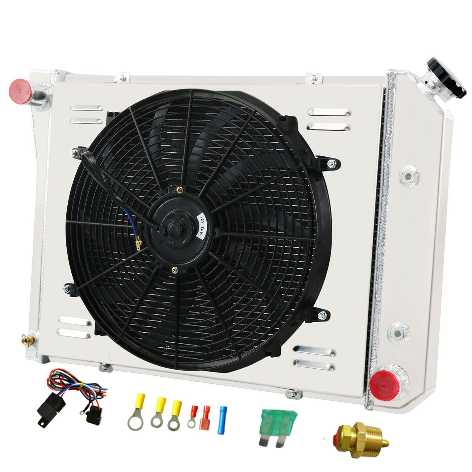 High-Performance 4-Row Aluminum Radiator for 68-88 Chevy Chevelle Impala Caprice Camaro El Camino & 84-87 Buick Skylark LeSabre & 68-87 Pontiac LeMans Ventura - Includes Shroud & Fan Relay - Perfect for Classic Car Restoration & Hot Rod Upgrades