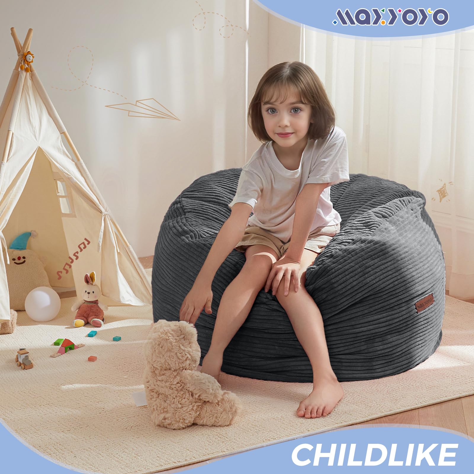 MAXYOYO Kids Corduroy Bean Bag Chair - Convertible to Floor Mattress, Dark Grey - Perfect for Playrooms, Bedrooms & Lounging