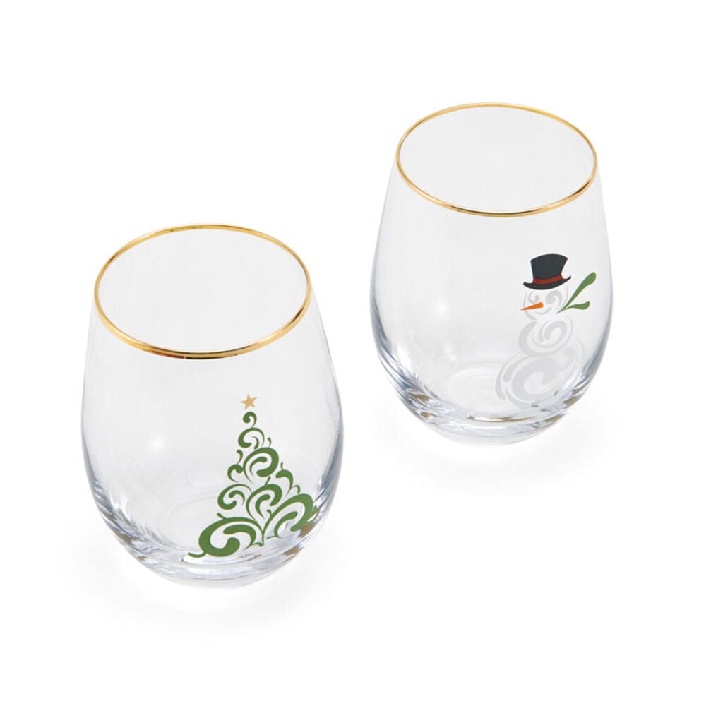 Stemless Wine Glasses Set of 2 - Christmas Tree and Snowman Design for Holiday Parties, Gifts & Home Decor