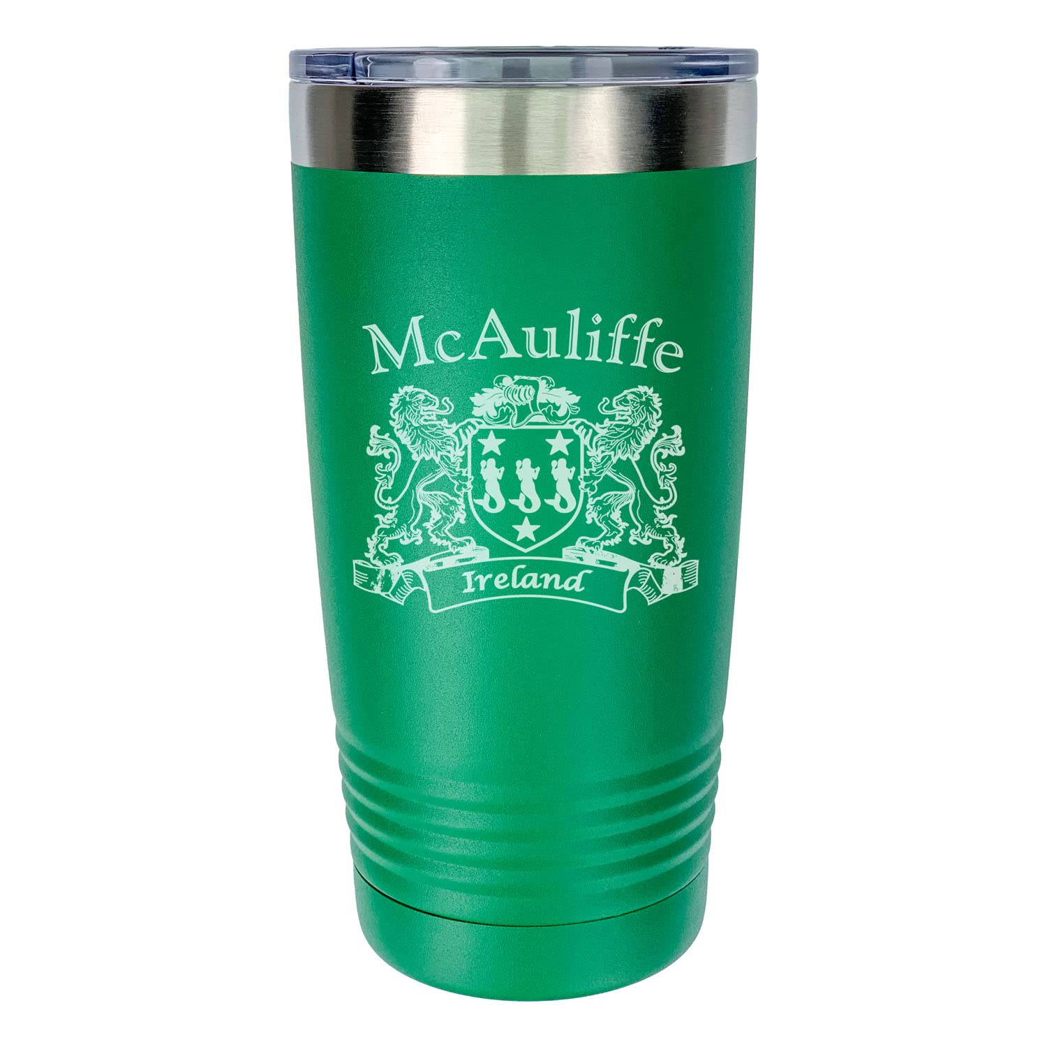 McAuliffe Irish Coat of Arms Stainless Steel Green Travel Tumbler - 20oz Insulated Coffee Mug with Lid & Handle, Perfect for Hot/Cold Drinks - Ideal for Travel, Office, Camping & Outdoor Activities