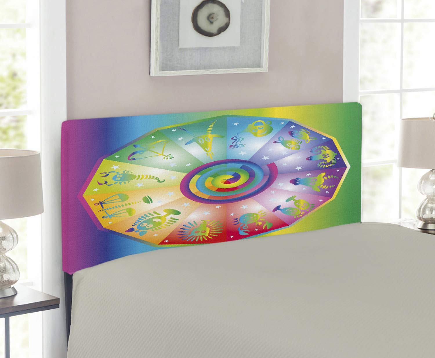 Ambesonne Astrology Twin Size Headboard - Hippie Style Rainbow Stars with Horoscope Signs, Upholstered Decorative Metal Bed Frame with Memory Foam - Perfect for Bohemian Bedroom Decor & Teen Girl's Zodiac-Themed Room