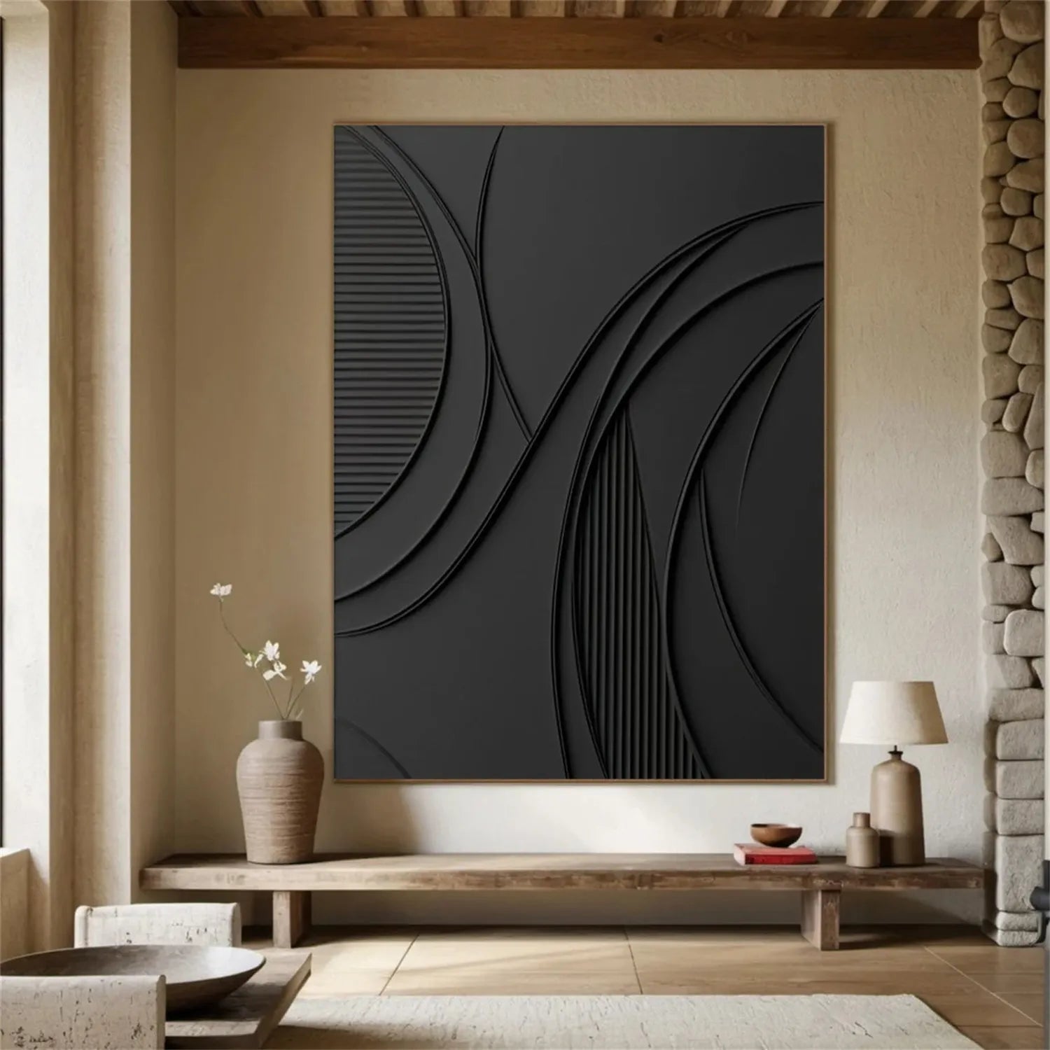 Black Minimalist Textured Painting Canvas Wall Art - Modern Abstract Home Decor for Living Room, Bedroom & Office - Premium Quality Stretched Canvas #MZ126