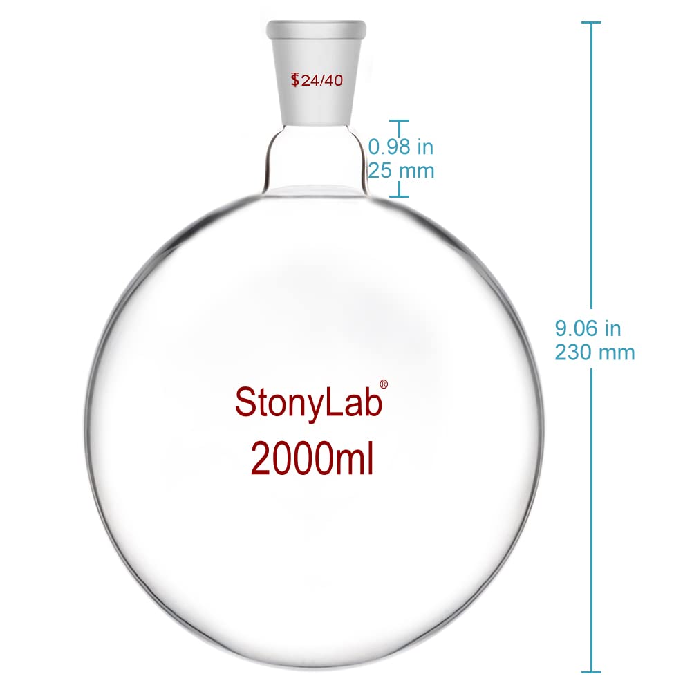StonyLab 2000ml Borosilicate Glass Short Neck Round Bottom Flask - Heavy Wall Single Neck RBF with 24/40 Standard Taper Joint - Ideal for Chemistry Lab, Distillation & Scientific Experiments