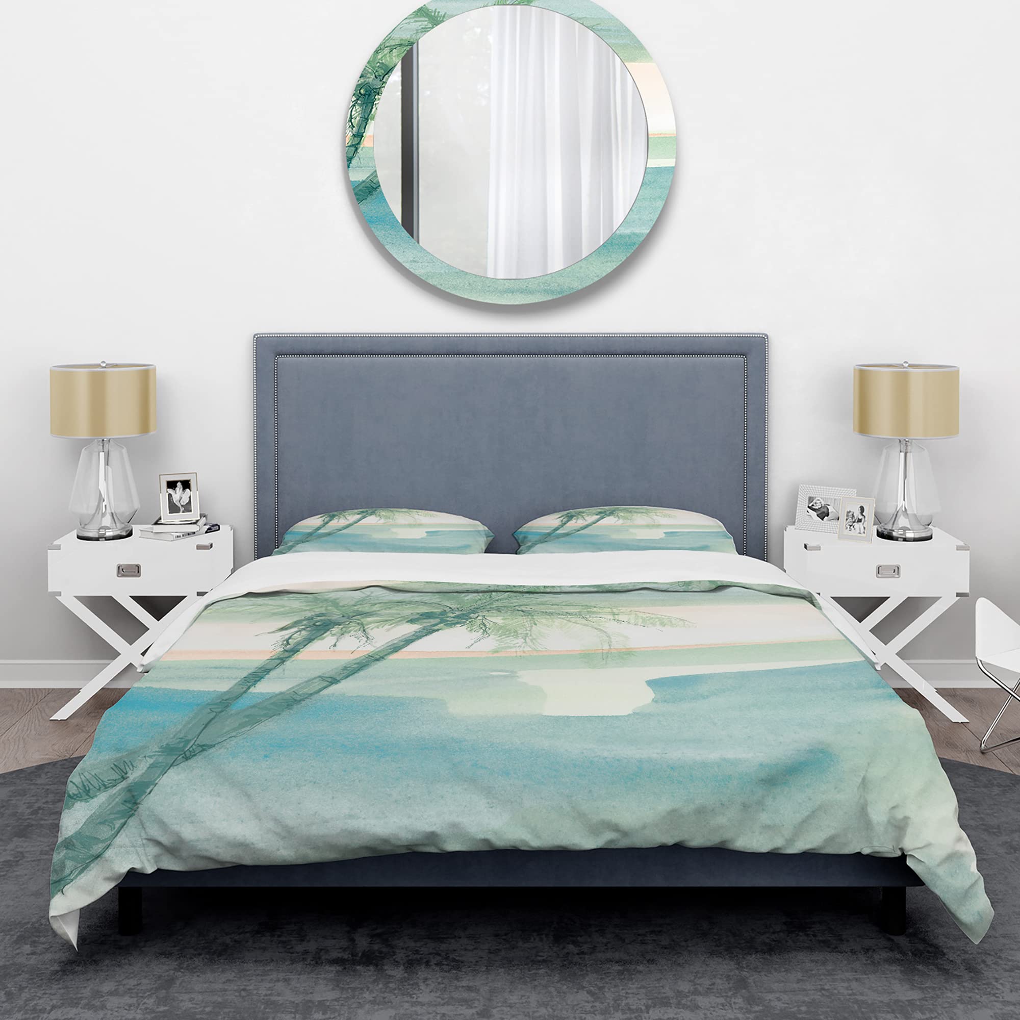DesignQ Peaceful Dusk Tropical Duvet Cover Set - Queen Size Blue Beach Bedding (3-Piece) | All Season Comfort for Coastal & Boho Bedroom Decor