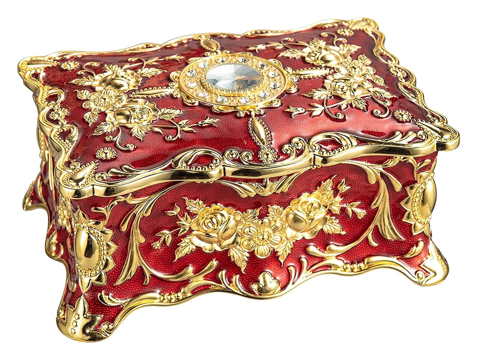 Vintage Rectangle Jewelry Box with Two-Layer Organizer - Antique Finish Engraved Trinket Storage Box for Rings, Necklaces & Earrings (Red) - Perfect for Bedroom, Dresser & Travel Jewelry Organization