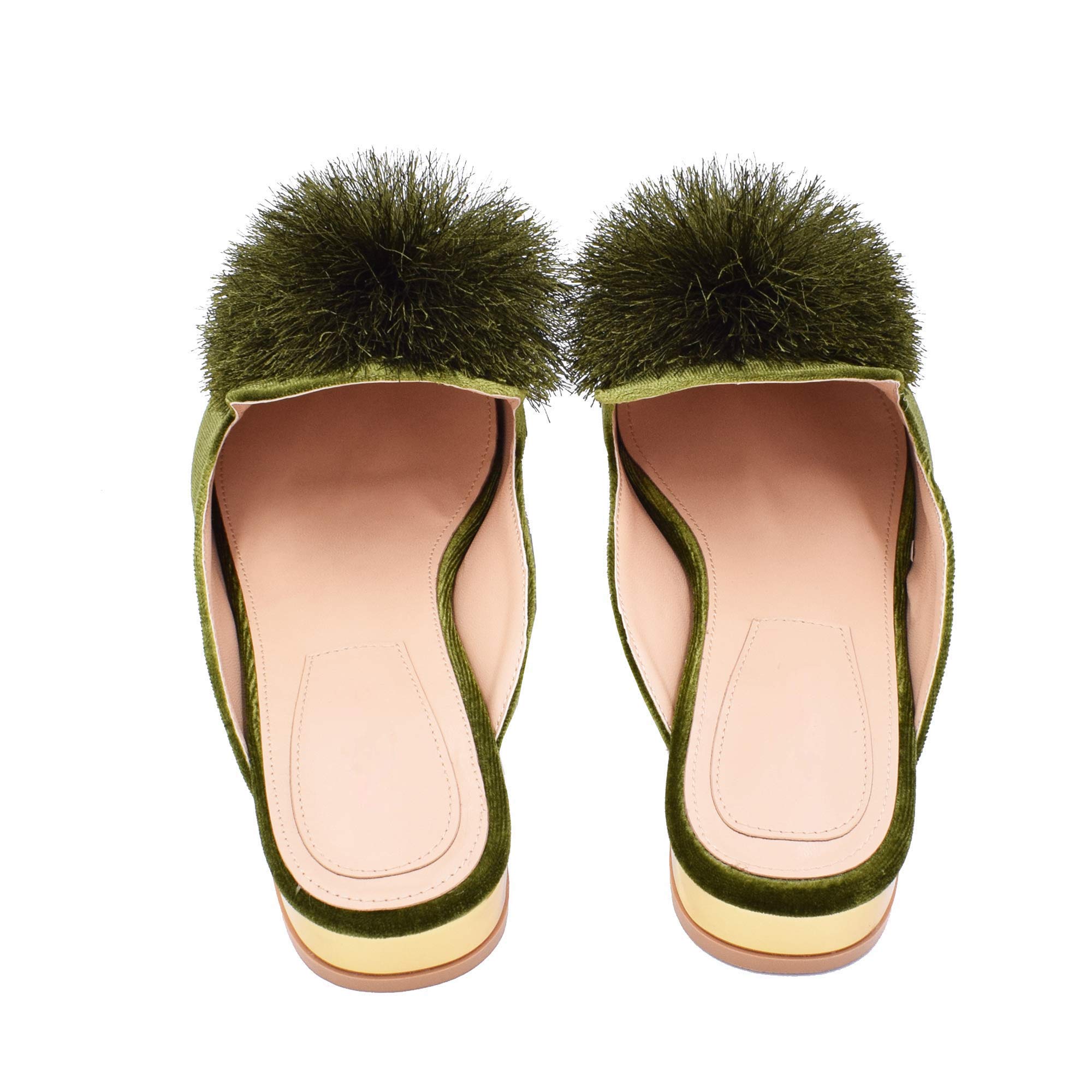 Fericzot Women's Slip On Mule Loafers - Backless Pointed Toe Flats with Puff Pompom Detail - Comfortable Casual Shoes & House Slippers for Women - Perfect for Home, Office, and Daily Wear