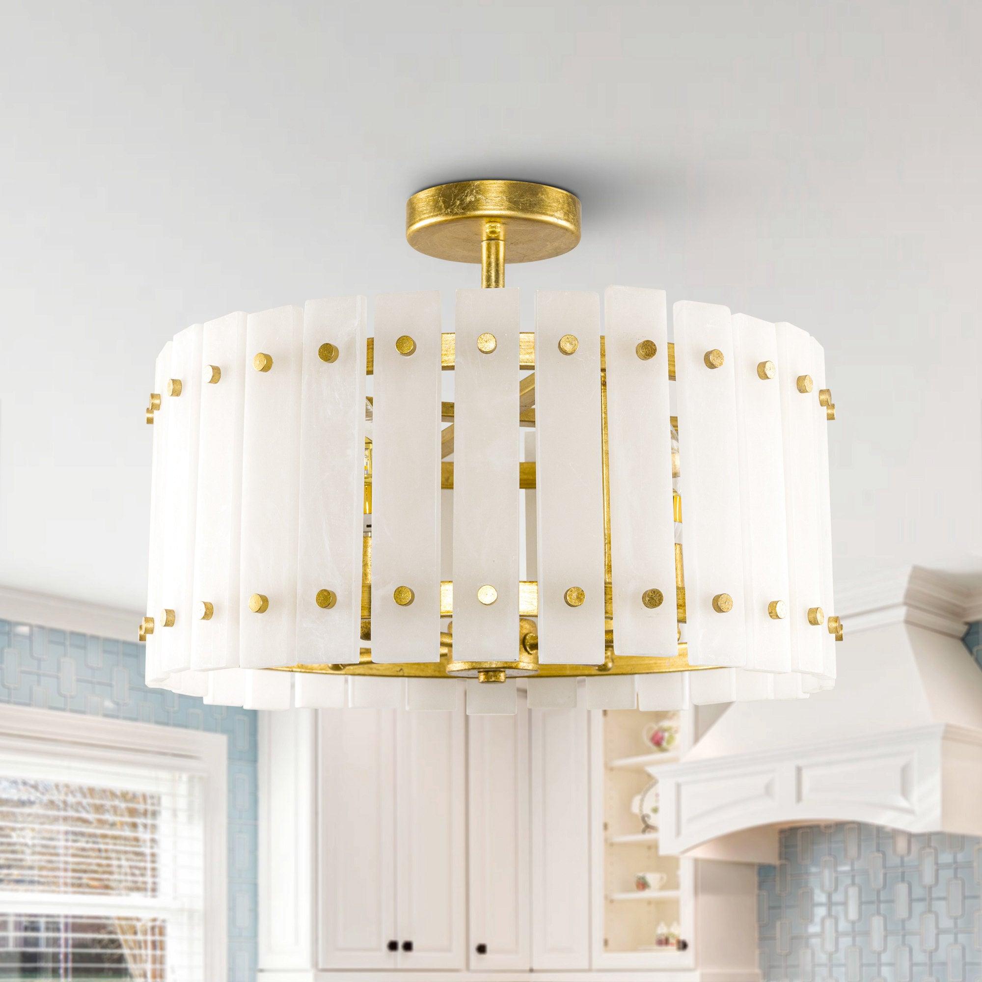 4-Light Modern Drum Marble Semi-Flush Mount Ceiling Light Fixture - Elegant Lighting for Bedroom, Living Room, Dining Room & Hallway