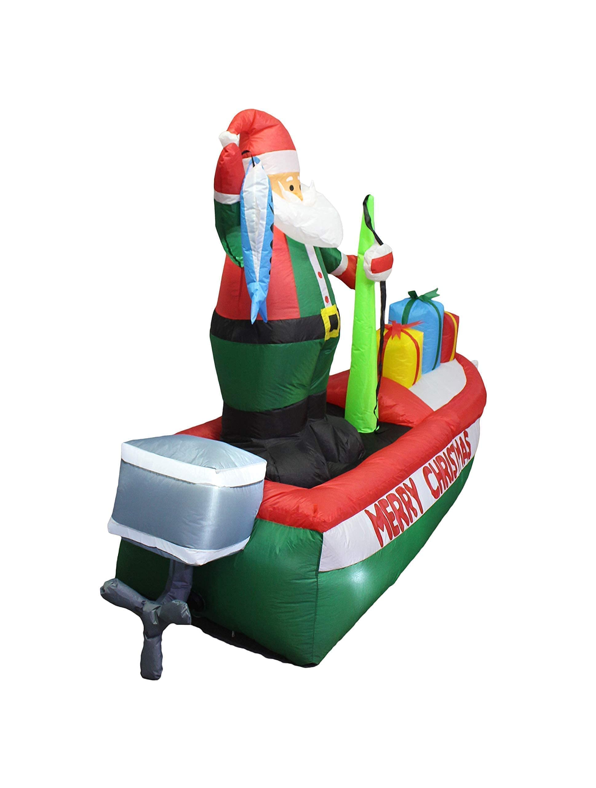 7ft Inflatable Santa Claus & Penguin Island with Palm Tree + 8ft Inflatable Santa Fishing Boat with Lights - Christmas Party Decorations Bundle for Outdoor Yard, Lawn, and Holiday Festive Decor