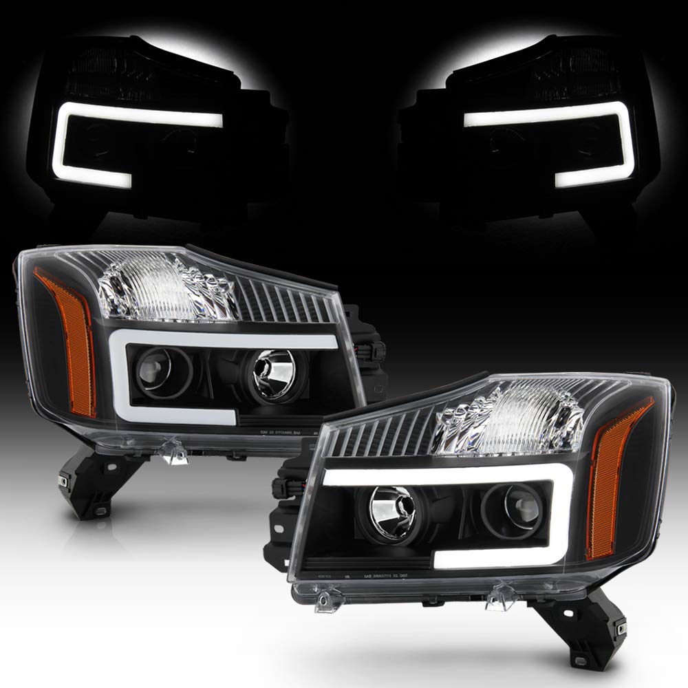 ACANII Black Housing LED Tube Projector Headlights Assembly Pair for 2014-2015 Nissan Titan & 2004-2007 Armada - Upgrade Your Night Driving Visibility (Perfect for Off-Roading, Night Commuting & Enhanced Style)
