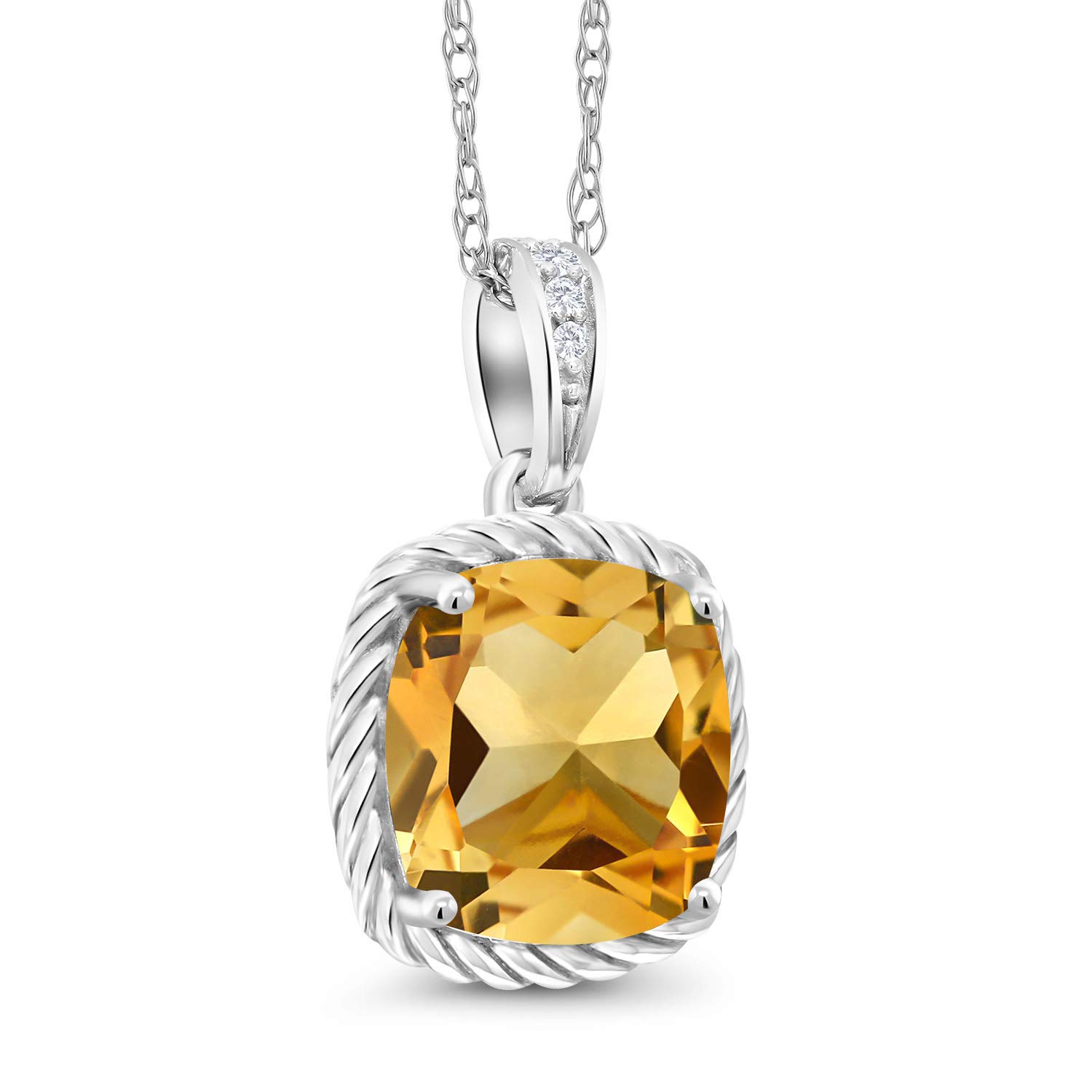 10K White Gold Cushion 8MM Gemstone Birthstone & Diamond Pendant Necklace for Women | 18 Inch Silver Chain | Elegant Gift for Birthday, Anniversary & Special Occasions