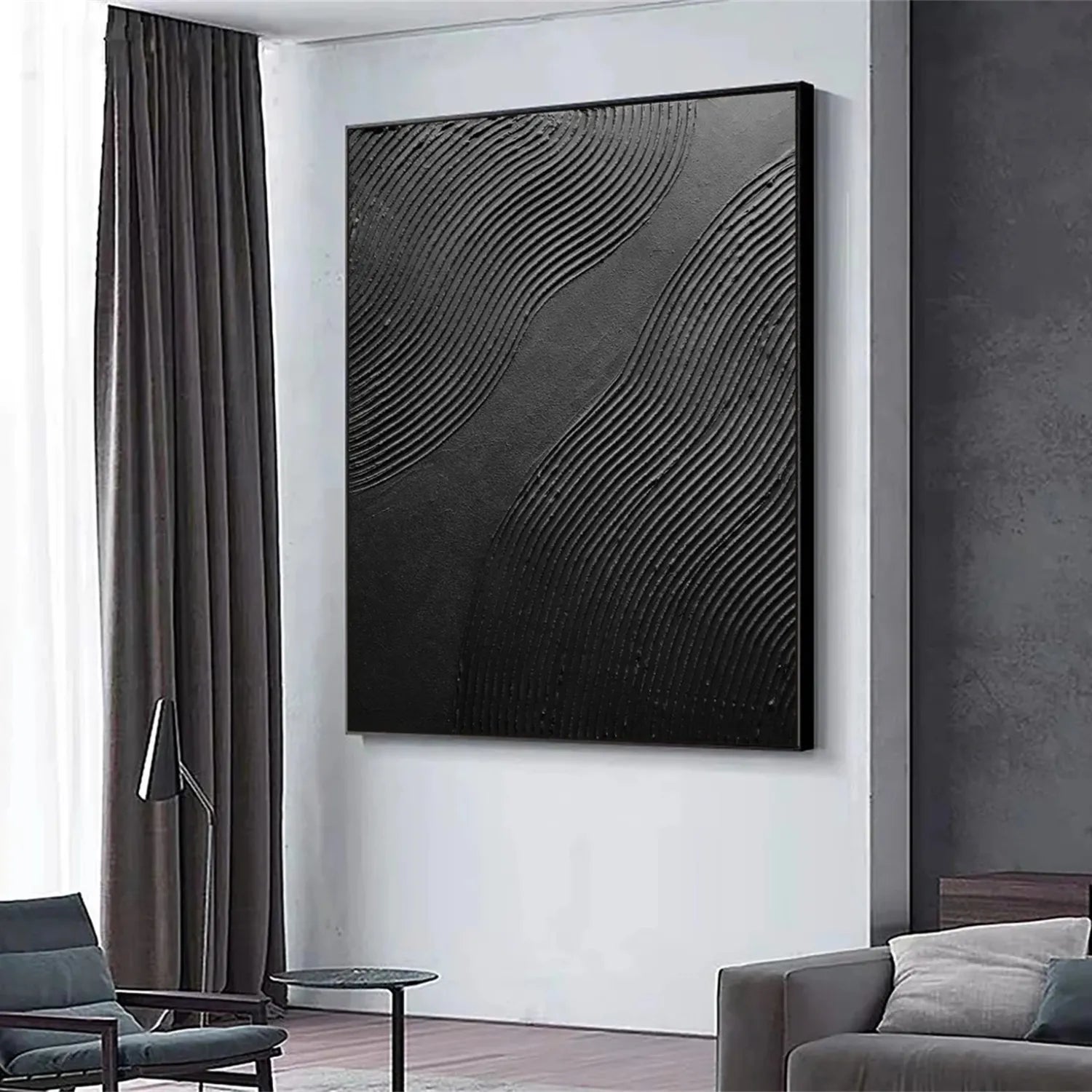 Black Minimalist Textured Painting Canvas #MZ103 - Modern Abstract Wall Art for Living Room, Bedroom & Office Decor