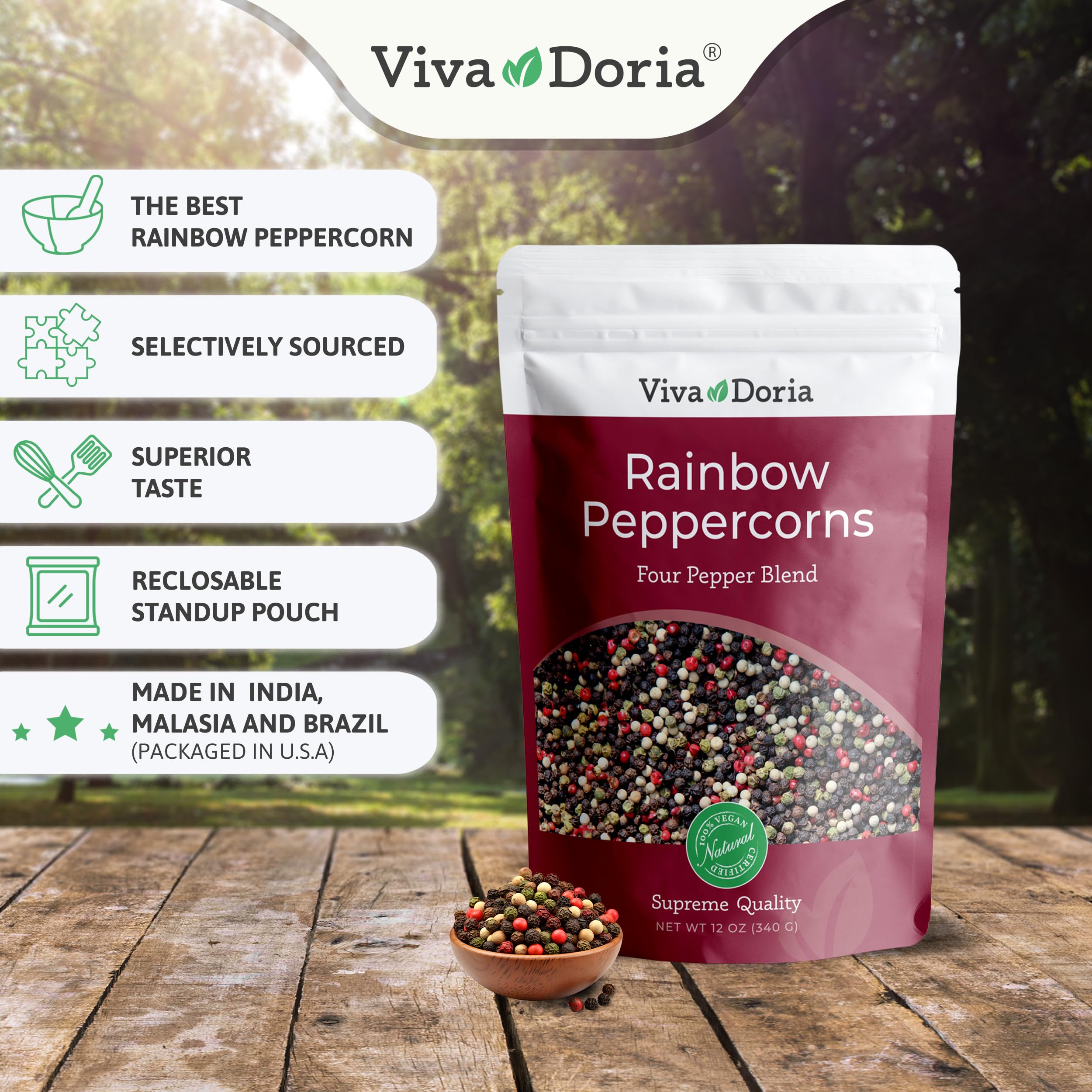 Premium Viva Doria Rainbow Peppercorn Blend - Steam Sterilized Whole Black, White, Green & Pink Peppercorns (12 oz) + Mediterranean Sea Salt Coarse Grain (2 lb) - Perfect for Grinder Refills & Gourmet Cooking, Seasoning Meats, Salads & Pasta Dishes