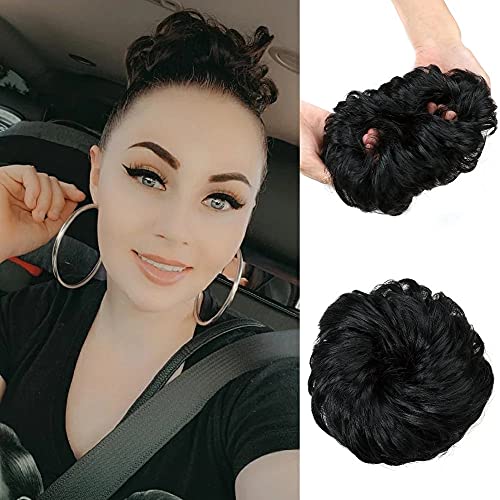 100% Human Hair Messy Bun Hairpiece - Drawstring Hair Scrunchie & Wedding Donut Ring - Daily Styling Tool for Women & Girls (Black) | Perfect for Weddings, Parties, Work & Everyday Hairstyles
