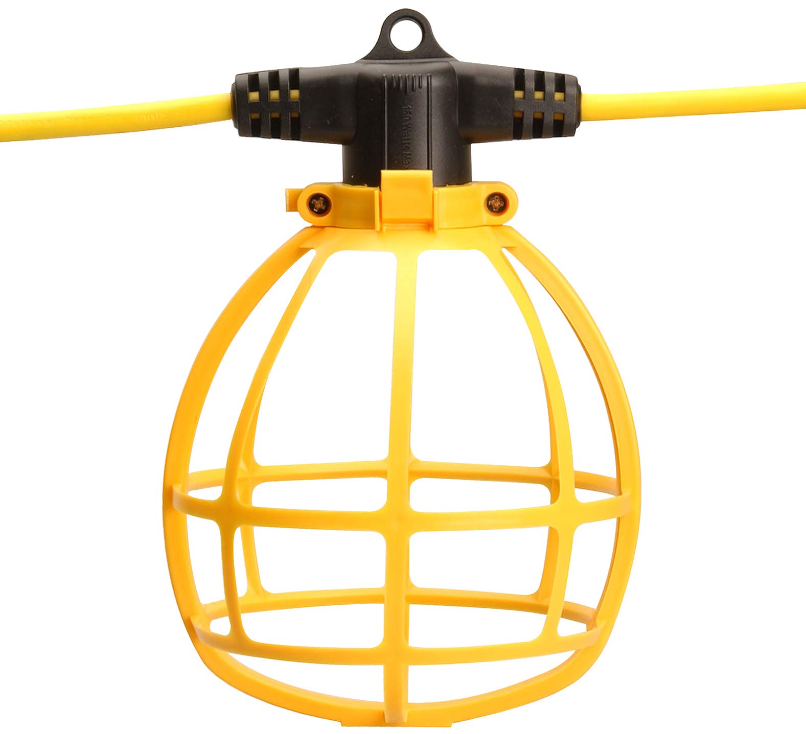 Southwire 7146SW 100 ft. 12/2 SJTW Yellow Temporary Light String with 10-Light Plastic Cage - 300V, 150W for Construction Sites, Workshops, and Outdoor Events
