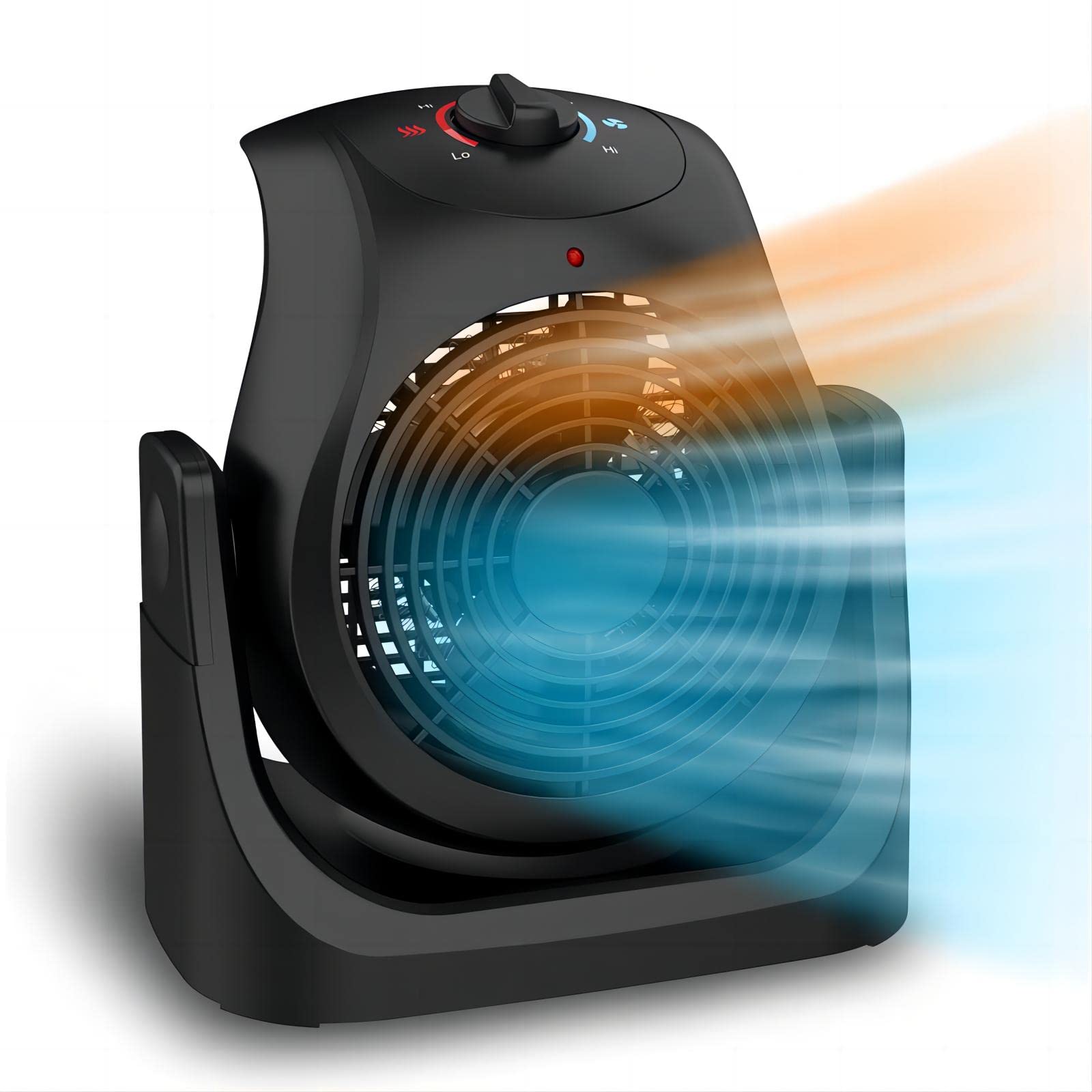 LifePlus 2-in-1 Heater & Fan Combo - Portable Cooling Desk Fan with 45° Tilt, 2 Speed Settings, 1500W Overheat Protection - Personal Space Heater & Air Circulator for Home, Office, Bedroom & Dorm Room (Black)