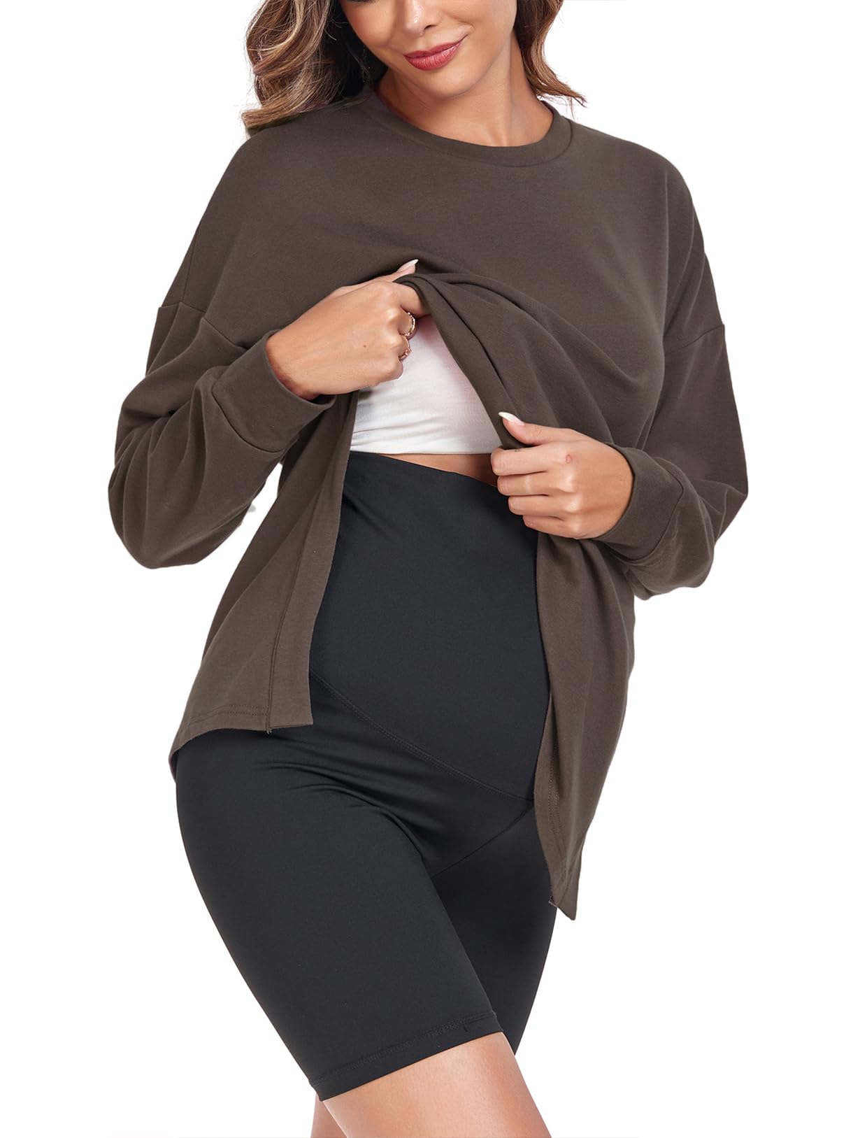BBHoping Women's Maternity Shirts - Casual Split Side Pregnancy Tops, Long Sleeve Round Neck Loose Fit Nursing Clothes for Comfortable Everyday Wear at Work or Home