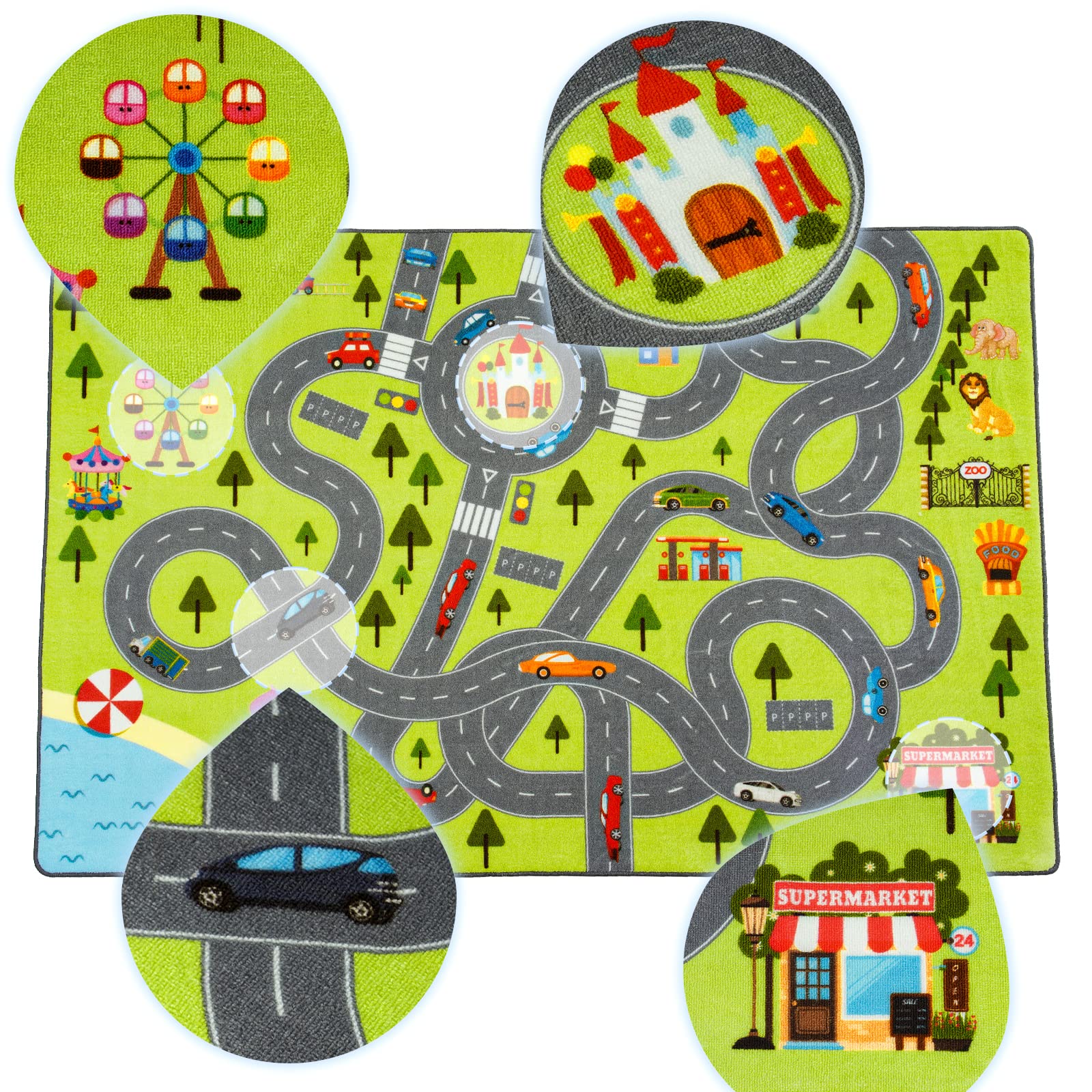 HOMORE Kids Play Mat Rug - 3x5 Feet Educational City Play Rug for Hot Wheels Track Racing & Toys | Non-Slip Carpet Playmat for Children's Bedroom, Playroom & Nursery | Perfect for Pretend Play & Learning Activities