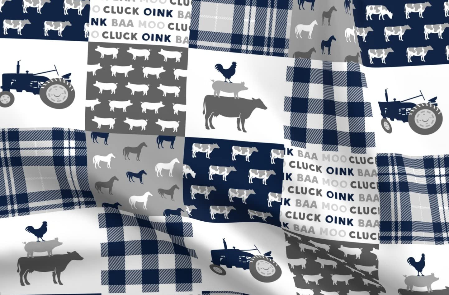 Farm Patchwork Blue Buffalo Plaid Tractor Country Rustic Quilt Topper Fabric by Spoonflower - Printed on Soft Minky Fabric by The Yard for Sewing Baby Blankets, Quilt Backing & Plush Projects - Perfect for Nursery Decor, DIY Crafts & Cozy Home Textiles