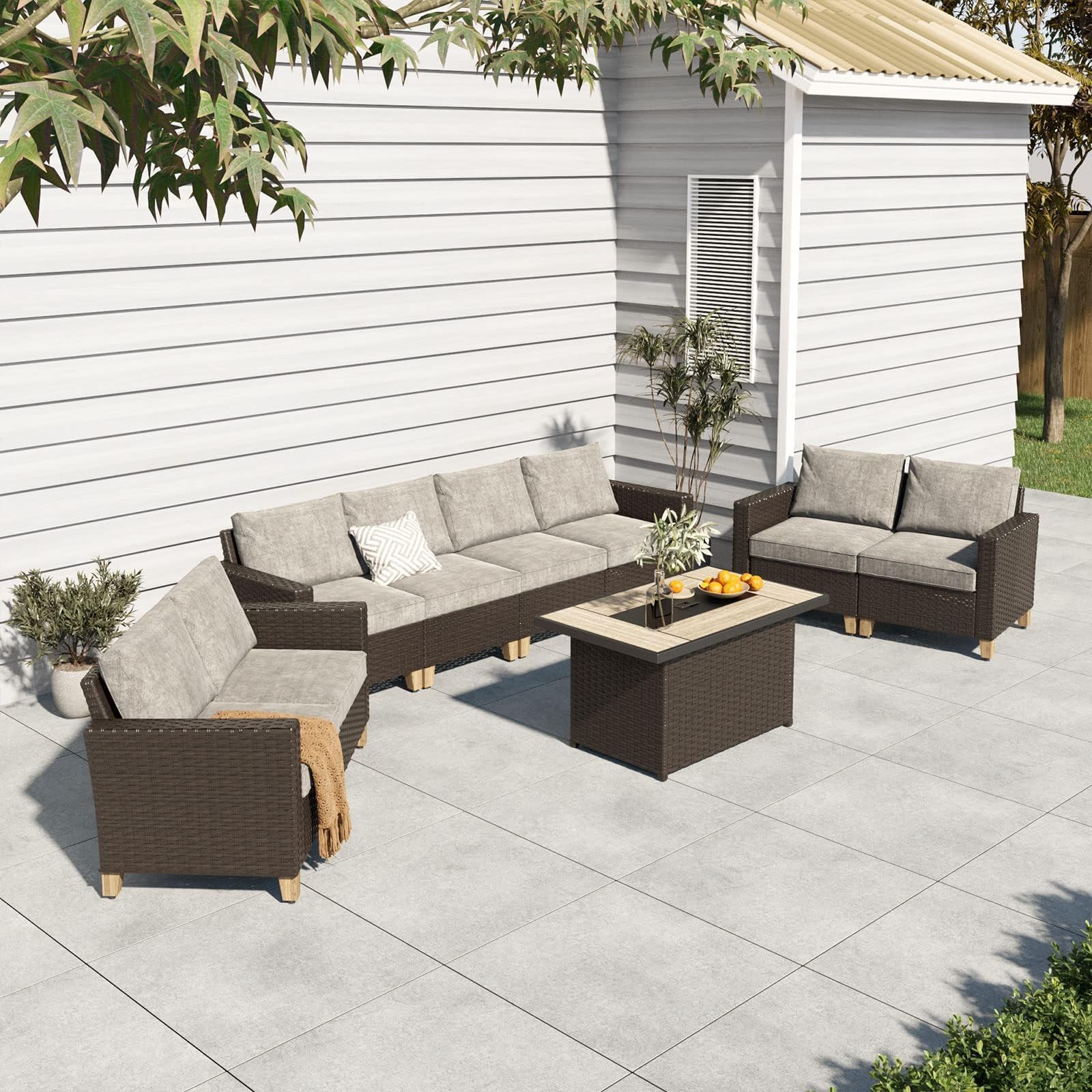 6-Piece Grand Patio Sofa Set with Fire Pit Table - PE Wicker Outdoor Sectional Sofa with Thick Cushions for Garden, Yard, Porch - Perfect for Backyard Gatherings & Fireplace Conversations