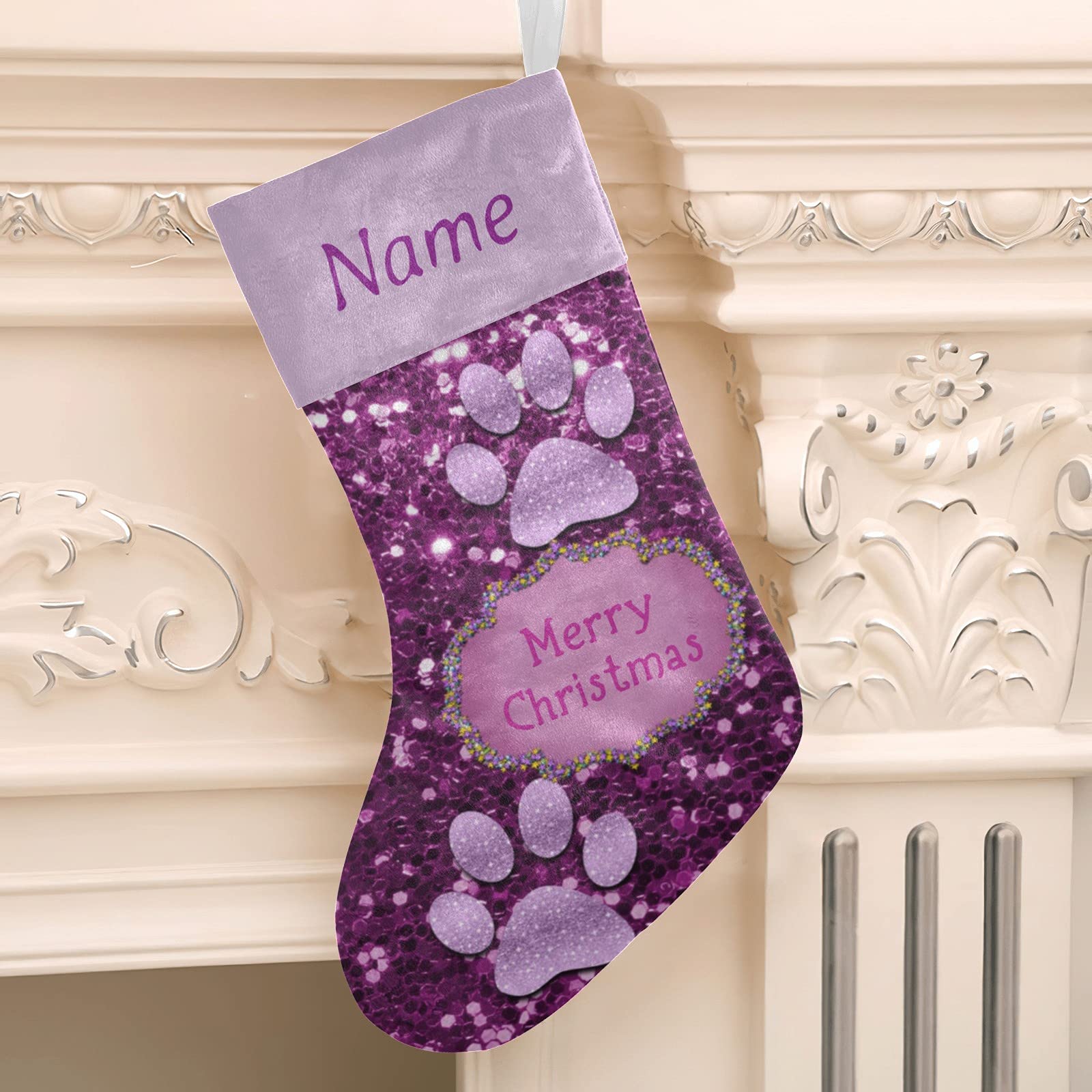 Personalized Christmas Stockings with Name - Purple Paw Bling Print Holiday Decor for Family, Pets & Home (17.52 x 7.87 Inch) - Perfect for Fireplace Mantel, Xmas Tree Decorations & Gift Exchange Parties