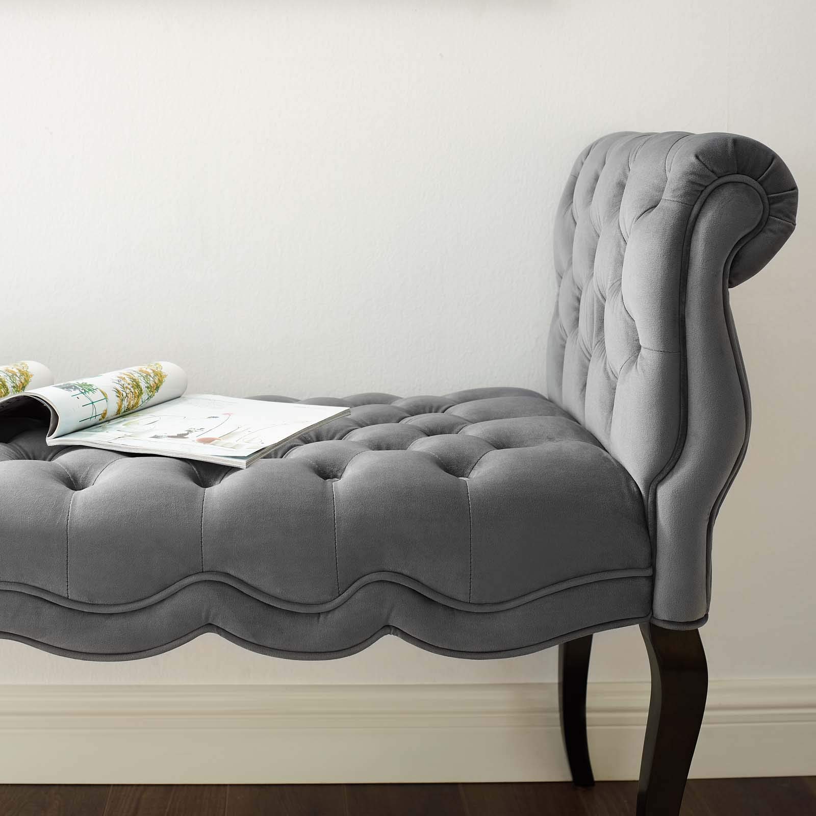 Modway Adelia Chesterfield Style Performance Velvet Entryway Bench in Gray - Elegant Sofa Bench for Living Room, Bedroom & Hallway Decor