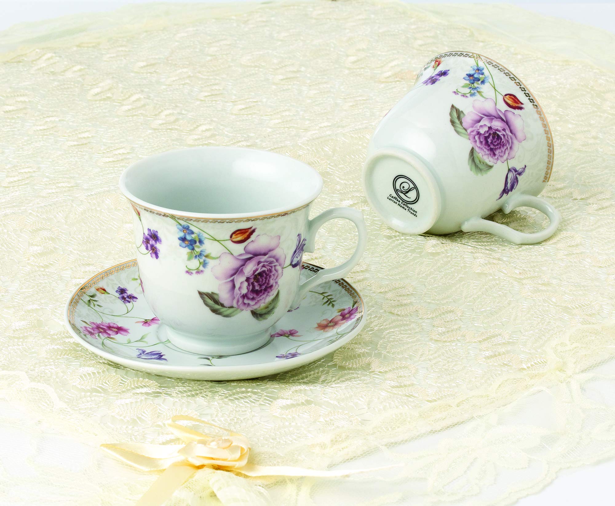 Lorren Home Trends 230-2020 Purple Cups and Saucers Set - Elegant Tea & Coffee Serving for Home, Office, and Gifts
