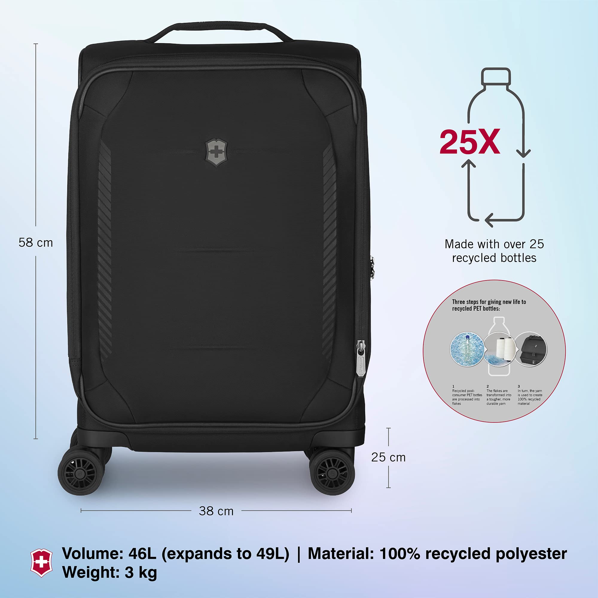 Victorinox Crosslight Frequent Flyer Plus Softside Carry-On Luggage - 46L Lightweight Expandable Rolling Suitcase with Foldable Organizer - Perfect for Business Travel & Weekend Getaways - Black
