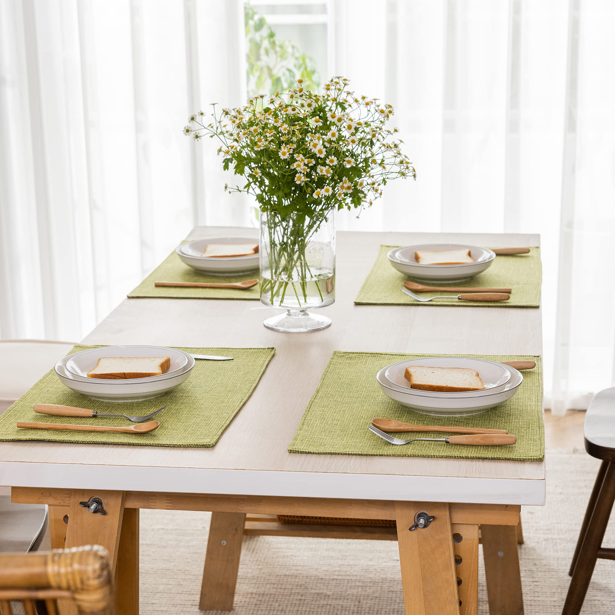 Kevin Textile 4-Pack Spring Burlap Linen Placemats - Heat Resistant 13x19 Inch Table Mats for Dining & Kitchen - Washable Eco-Friendly Place Settings in Linden Green - Perfect for Dinner Parties, Brunch & Everyday Use