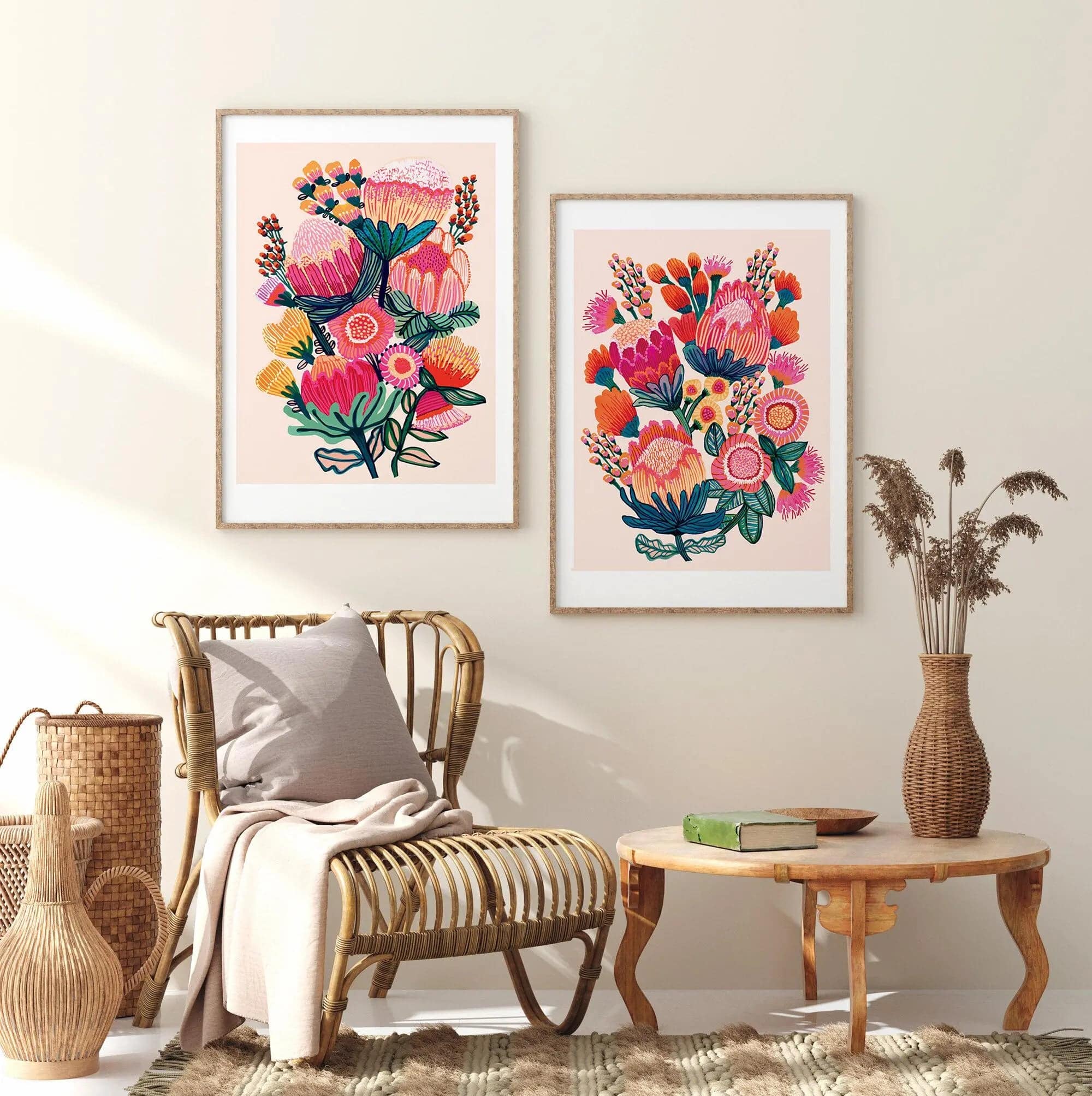 Australian Native Flowers Wall Art Prints - Set of 3 Framed Botanical Paintings for Living Room, Bedroom & Office Decor