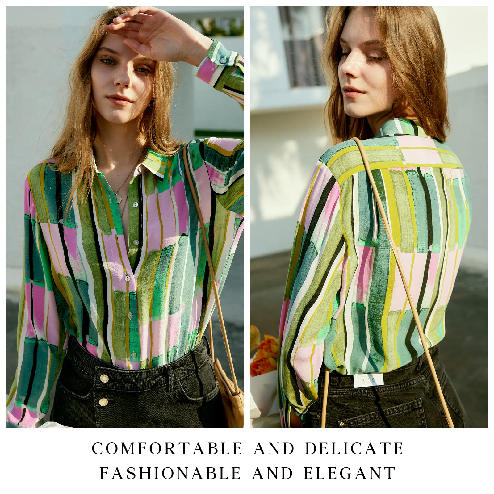 Women's 100% Pure Silk Blouse - Elegant Long Sleeve Button Down Shirt for Spring & Summer | Floral & Striped Tops | Smooth & Comfortable Silk Blouses for Work, Office & Special Occasions