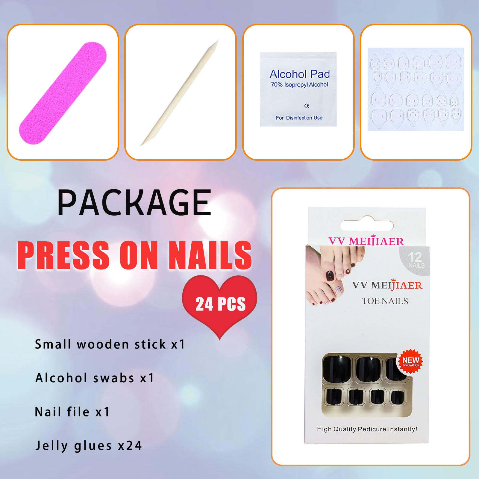 24Pcs Black Press-On Acrylic Toenails - Full Cover Fake Toe Nails with Glossy Finish & Strong Glue - Natural Looking Artificial Toenails for Women | Perfect for Pedicures, Parties & Everyday Wear