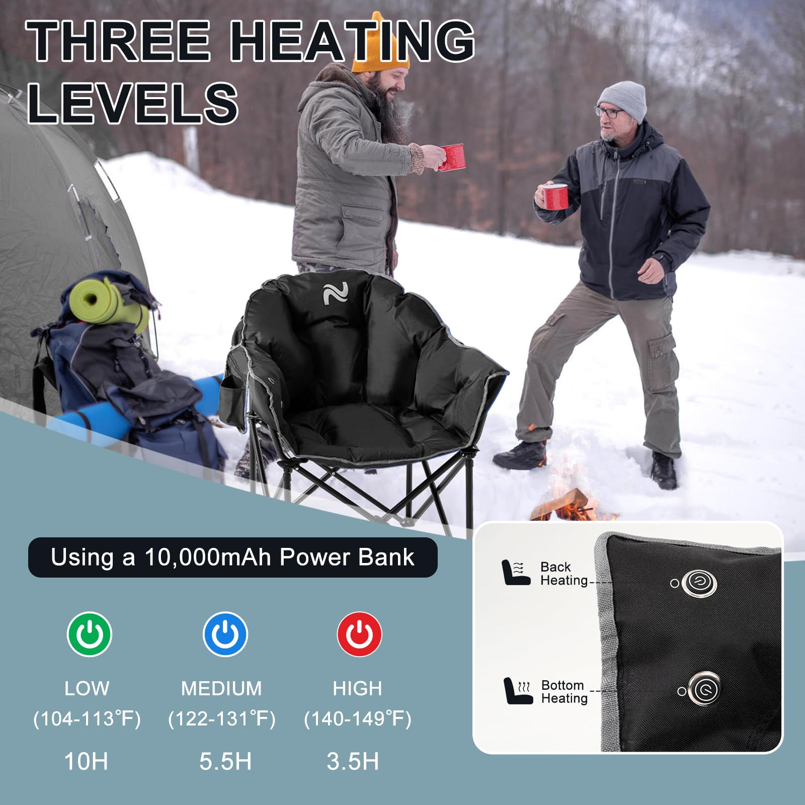 MOPHOTO Heated Camping Chair - Portable Outdoor Folding Chair with Heating Pad, Oversized Padded Seat for Adults - Perfect for Camping, Hunting, Fishing, Backyard, Patio, and Beach Relaxation