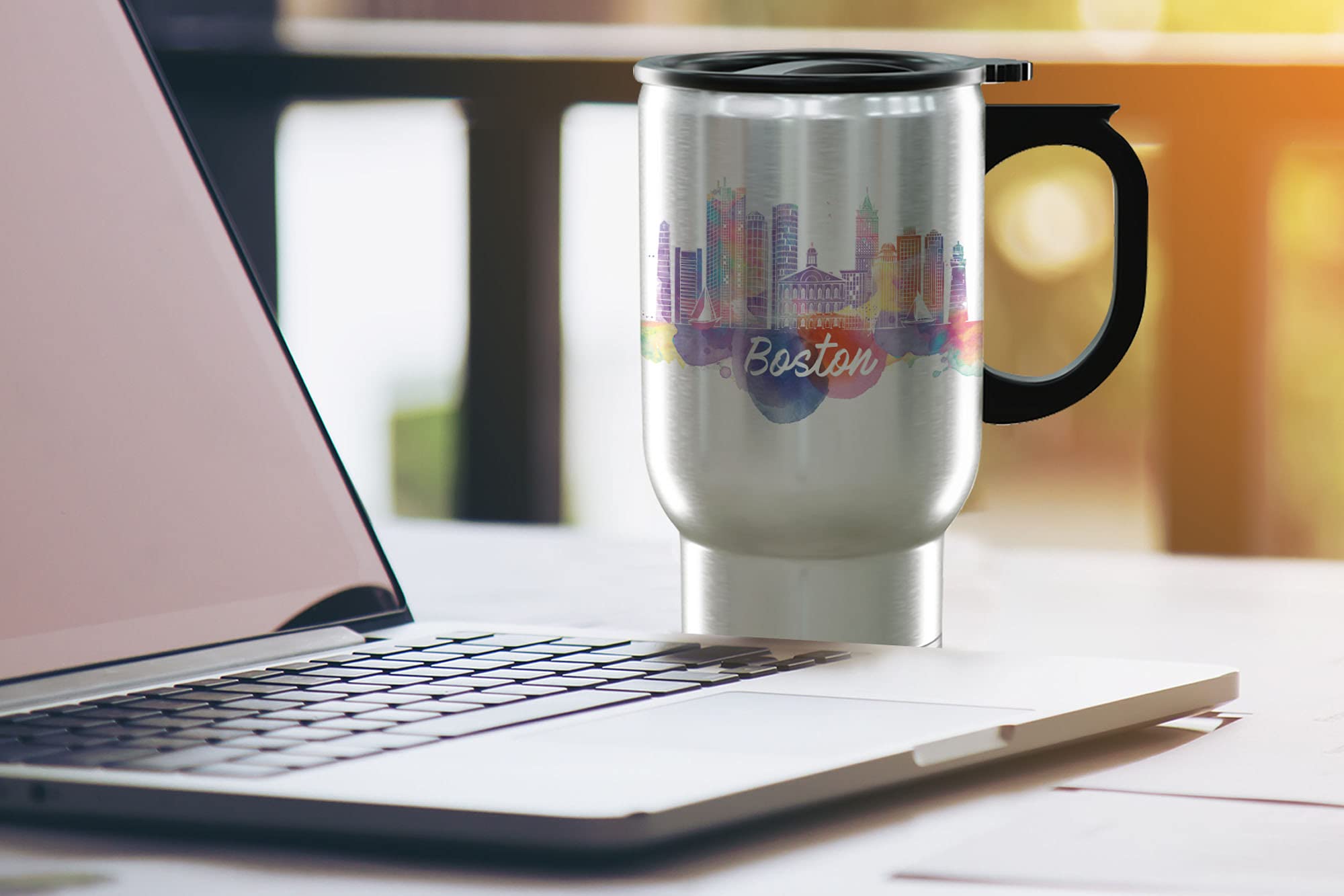 TJ Originals - Boston Massachusetts Stainless Steel Travel Mug 14oz, Insulated Coffee Tumbler with Handle & Skyline Design, Perfect Souvenir Gift for Tourists & Locals - Ideal for Commuting, Travel, Office & Outdoor Adventures