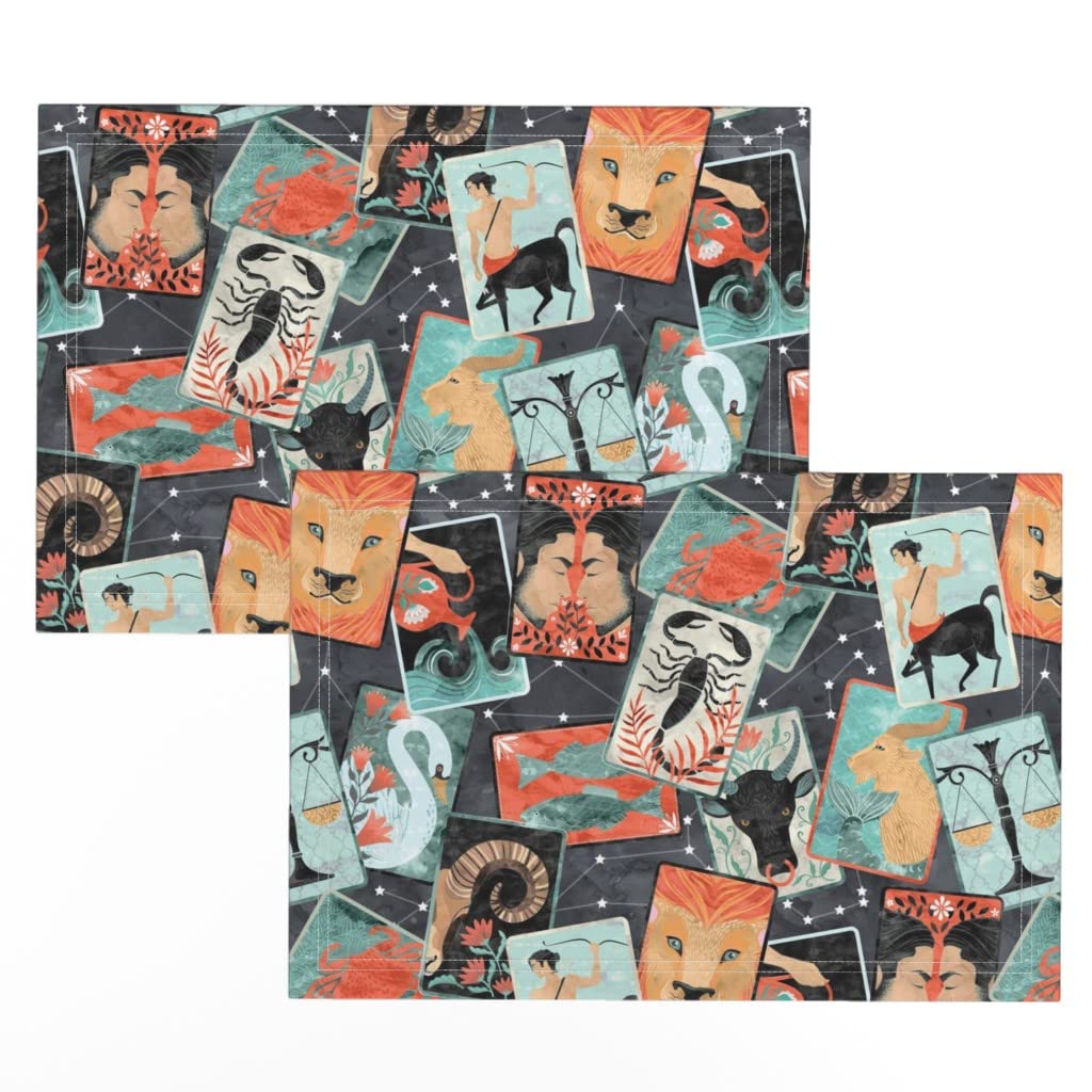 Zodiac Astrology Sun Sign Placemats Set of 2 - Linen Cotton Canvas Table Mats with Constellation & Animal Prints | Perfect for Dining Decor, Gift Giving & Astrology Enthusiasts