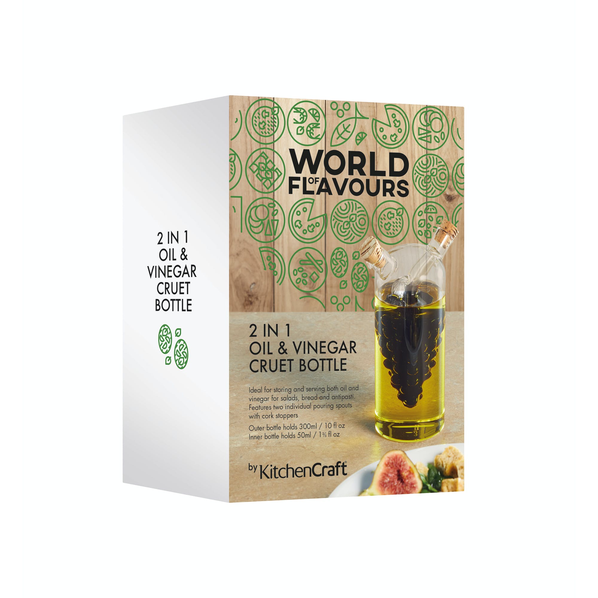 Italian 2 in 1 Oil & Vinegar Cruet Bottle - 300ml & 50ml Glass Dispenser for Kitchen, Salad Dressing, Cooking - Perfect for Restaurants & Home Use