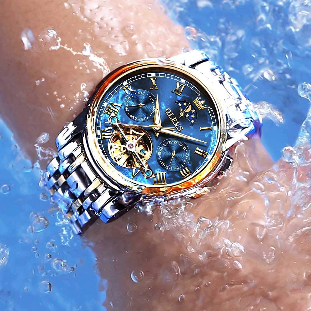 OLEVS Men's Automatic Mechanical Tourbillon Watch - Self-Winding Luxury Stainless Steel Waterproof Wristwatch with Luminous Hands & Date Display | Perfect for Business, Formal Events & Everyday Wear