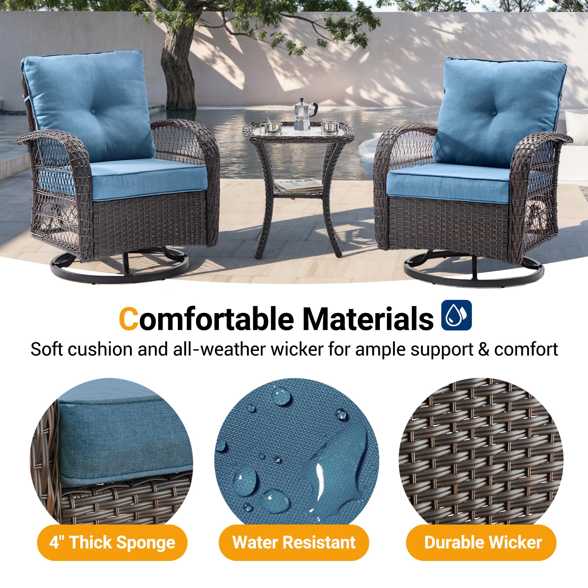 UDPATIO 3-Piece Outdoor Patio Furniture Set - 2 Swivel Rocking Chairs with Thick Cushions & Glass Coffee Table - All-Weather Wicker Glider Seating for Porch, Deck, Backyard, Garden (Blue) - Perfect for Relaxing, Entertaining Guests, and Enjoying Sunny Days