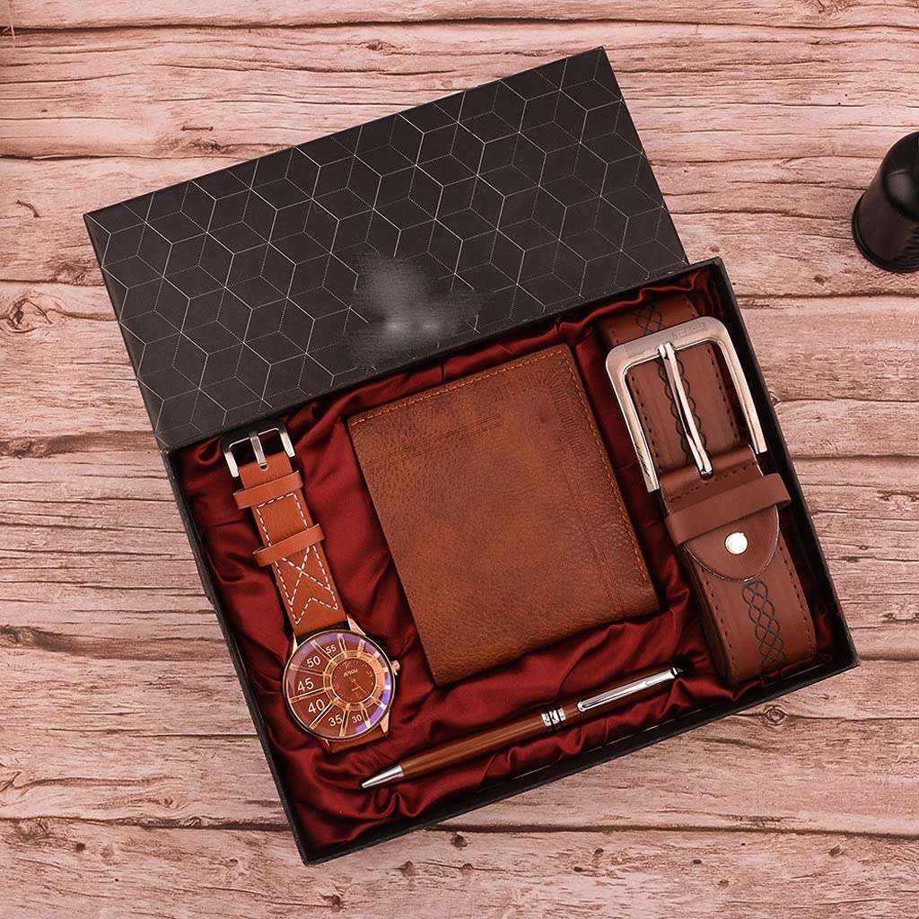 Premium 4-Piece Men's Luxury Gift Set - Fashion Watch, Leather Belt, Wallet & Pen - Elegant Brown Packaging - Perfect for Birthdays, Anniversaries & Corporate Gifts - Free Shipping Available