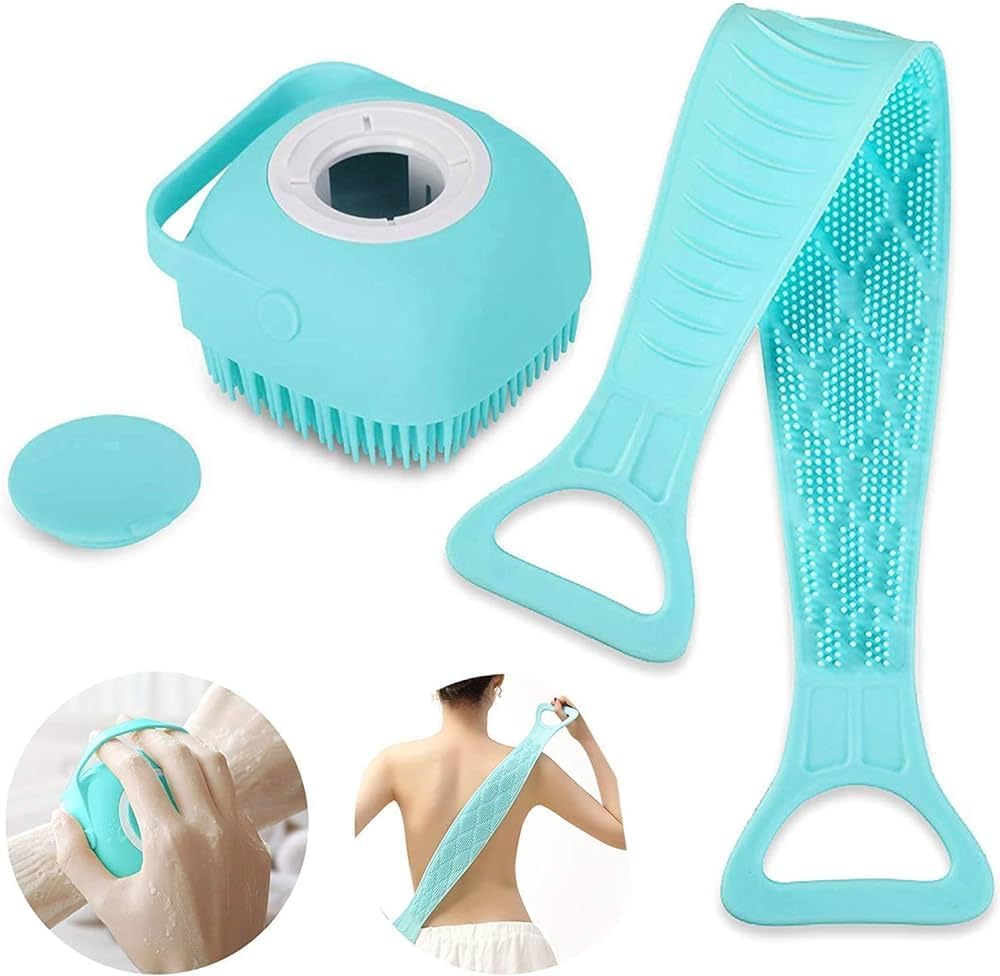BLAXSTOC S-2 Silicone Body Brush with Shampoo Dispenser & Back Scrubber - Exfoliating Bath Brush for Men, Women & Kids - Soft Brightening Skin Care & Gentle Cleansing Shower Brush (Great for Sensitive Skin & Spa Days)