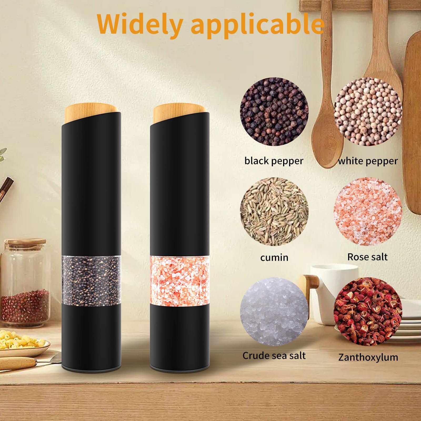 Premium Electric Salt and Pepper Grinder Set - 2 Pack Automatic Battery Powered Mills with Adjustable Coarseness, LED Light & One-Hand Operation - Perfect for Kitchen, Dining Table & Outdoor Cooking (Black)