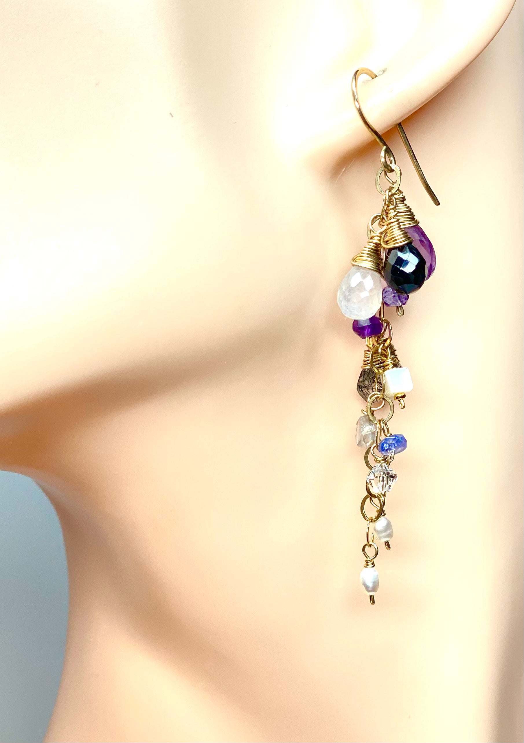 Handmade Amethyst & Black Spinel Dangle Earrings with Moonstone Accents - Boho Wire Wrap Jewelry for Women | Perfect for Parties, Weddings & Everyday Wear