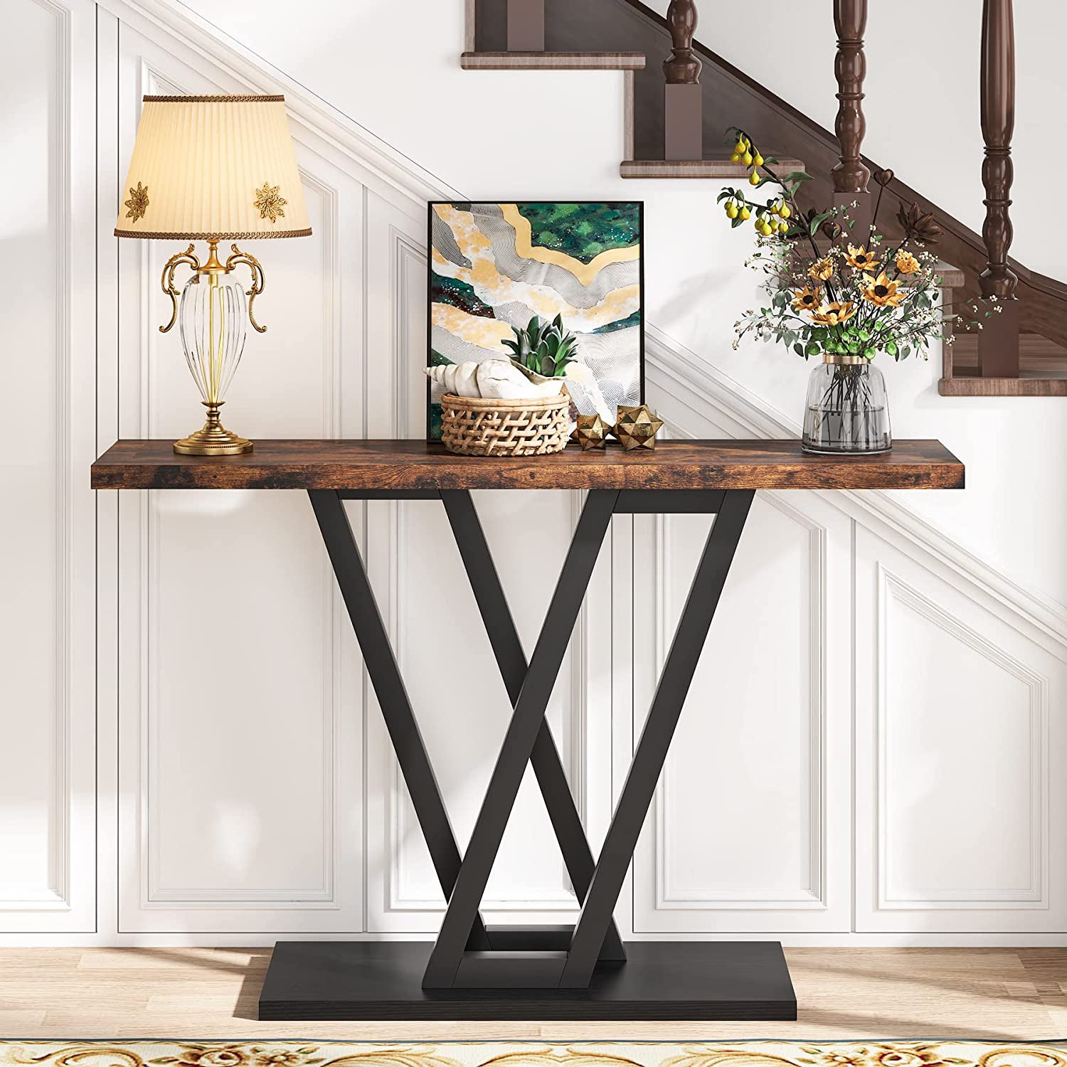 43 Inch Industrial Console Table - Rustic Entryway Hallway Sofa Table for Living Room, Bedroom & Foyer - Sturdy Wood & Metal Hall Table with Storage Shelf