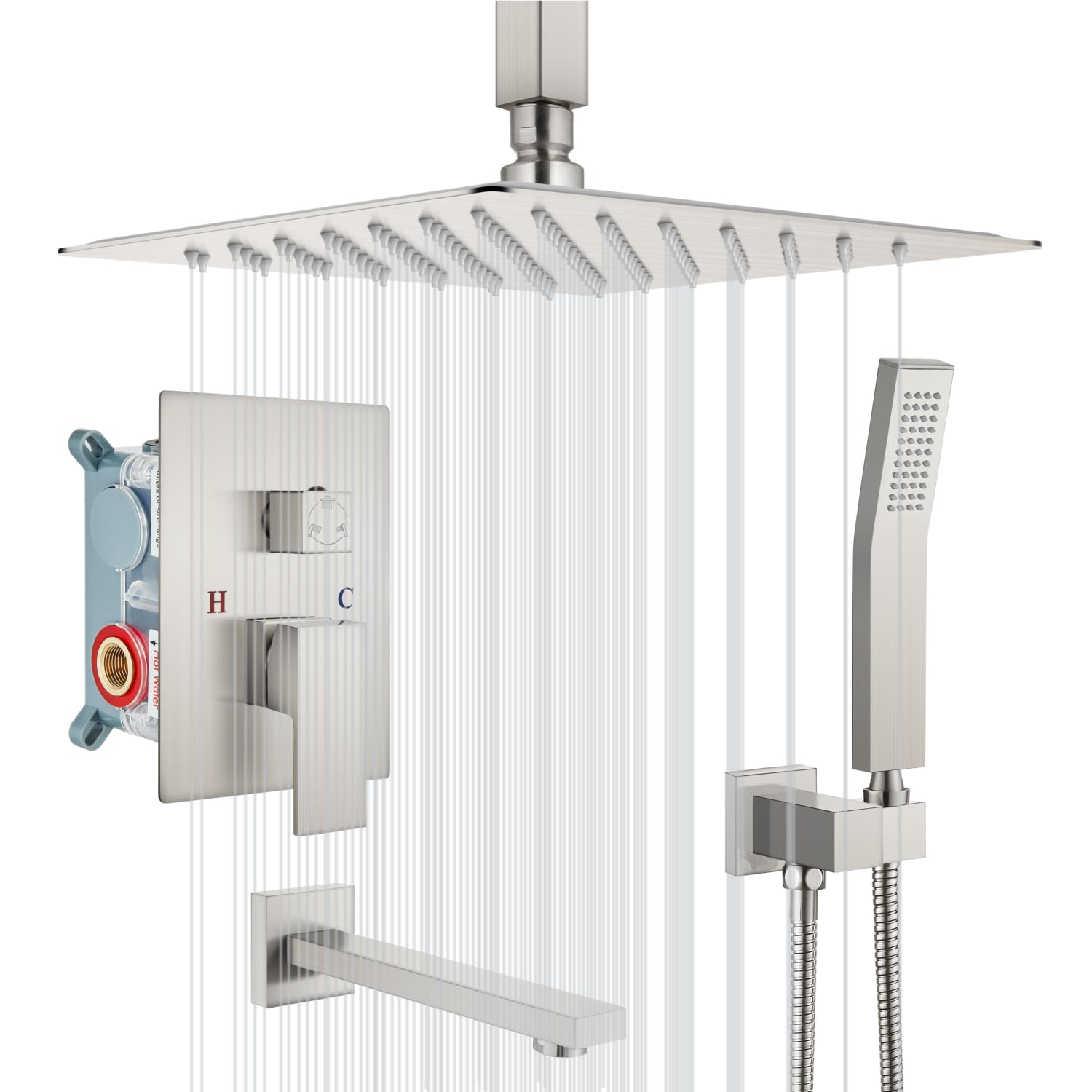 12 Inch Rain Shower System Complete Set - Ceiling Mount Rainfall Shower Head with Handheld Spray, Tub Spout & Rough-in Valve - Brushed Nickel Finish for Luxurious Bathroom Upgrade | Perfect for Master Bath, Spa Retreat & Modern Home Renovation