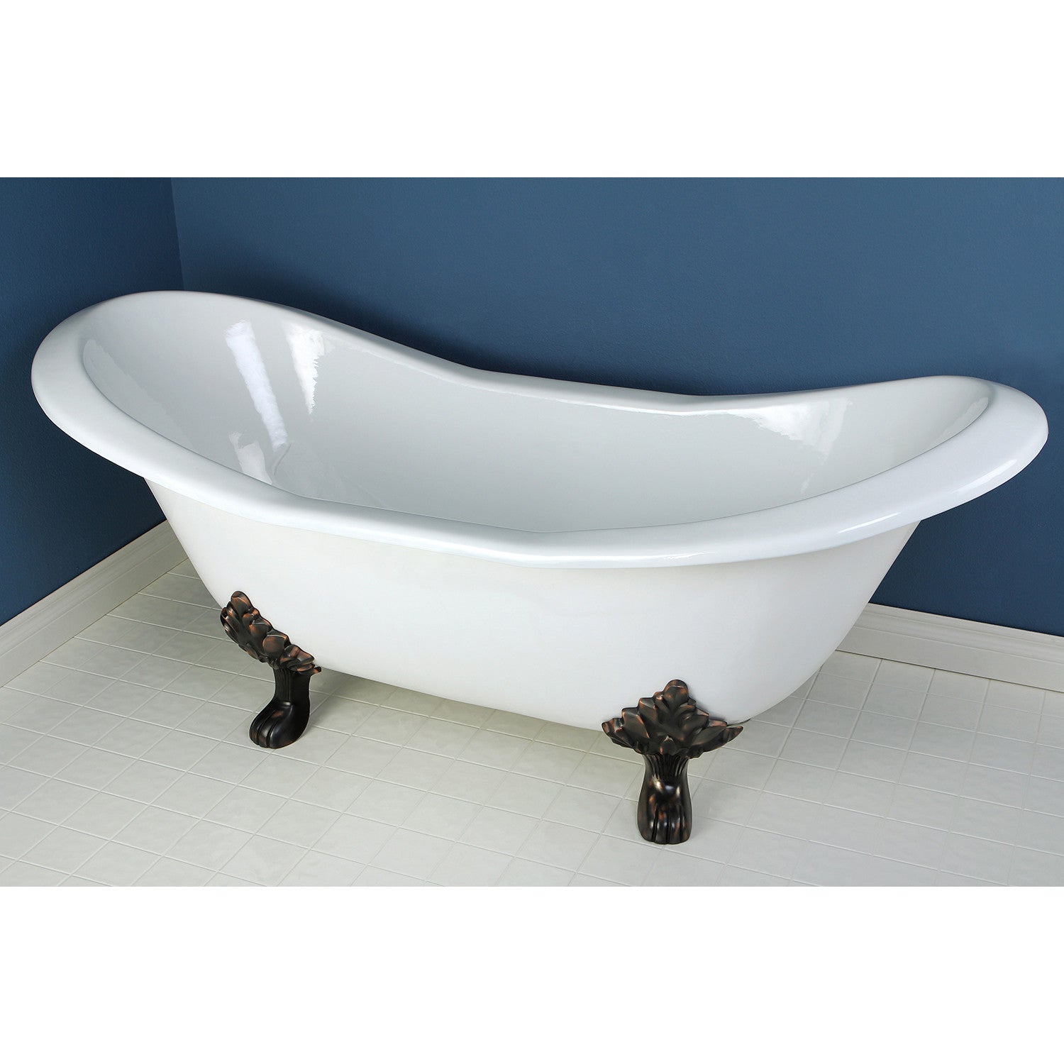 72 Inch White Cast Iron Clawfoot Bathtub - Oval Double Slipper Design with Oil Rubbed Bronze Feet | Vintage Freestanding Soaking Tub for Bathroom Remodel & Spa Relaxation