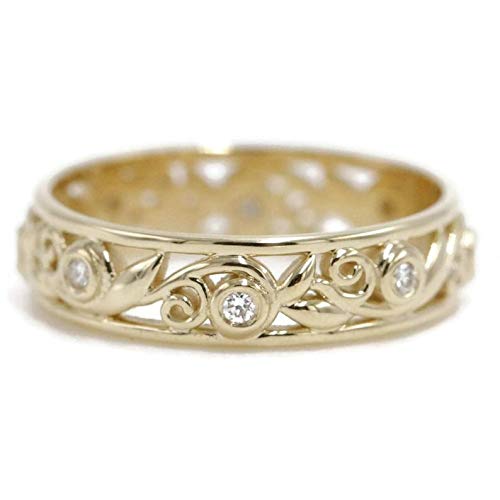 Vintage Rustic Leaf Filigree Eternity Diamond Wedding Ring - Scroll Pattern Feminine Wedding Band - Vintage Inspired Vine Leaf Design - Perfect for Engagement, Anniversary & Romantic Occasions