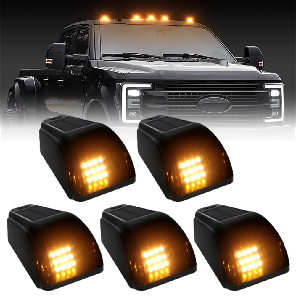 5PCS Wireless Solar Powered Truck Cab Lights - No Drill Installation, Vibration Sensor, Black Roof Lights with Yellow LEDs | Perfect for Night Driving, Off-Road Adventures & Vehicle Safety